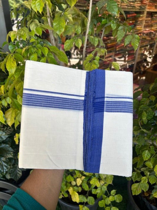 25% Discount ! Kaitharikada Handloom Unakkupaav Balaramapuram - 100% Pure Cotton Off White - (Unbleached) Double Mundu/Dhoti - 100x80 - 1 inch Blue Striped Kara 4 mtr (8.5 Muzham) - 2 KK5307 SAS