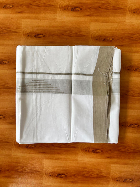 Pure White Double Mundu/Dhoti - 20% Discount ! Kaitharikada 100% Pure Cotton - 100x80s - 1.5 inch Silver Kasav & Tan Brown Stripes Pattern Kara 3.80 mtr (8 muzham) - 49 KK5456 THI