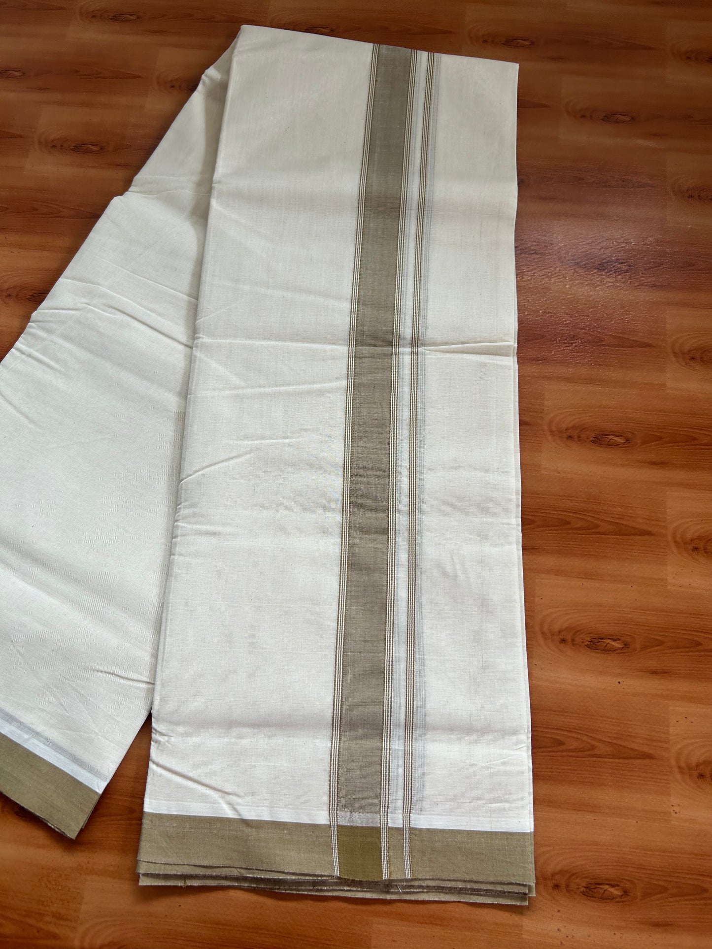 20% Discount!! KaithariKada Balaramapuram 100% Cotton Double Off White - (Unbleached) Mundu/Dhoti-100x80 - 1.5 inch Peanut Brown Shaded Striped Kara- 3.75 mtr (8 Muzham) - 17 KK5381 ASH