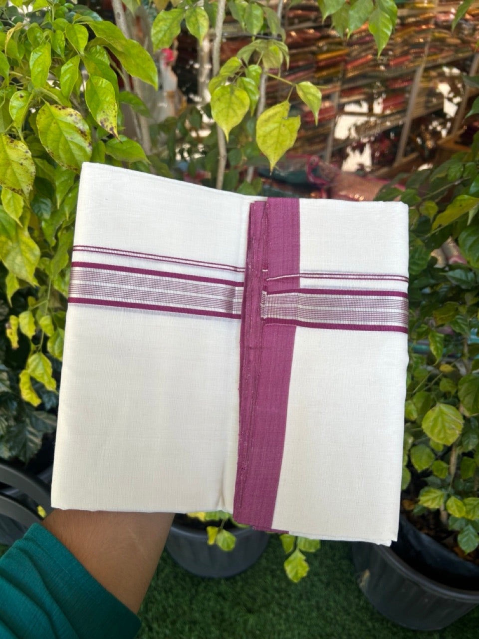 25% Discount ! Kaitharikada Handloom Unakkupaav Balaramapuram - 100% Pure Cotton Off White - (Unbleached) Double Mundu/Dhoti - 100x80 - 1.25 inch Silver Kasav & Wine Purple Striped Kara 4 mtr (8.5 Muzham) - 3 KK5307 SAS