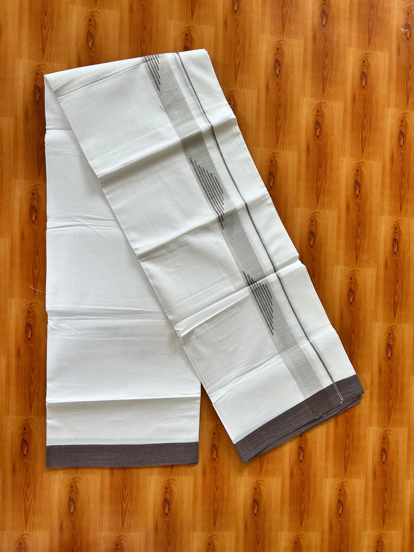 Pure White Double Mundu/Dhoti - 20% Discount ! Kaitharikada 100% Pure Cotton - 100x80s - 1.5 inch Silver Kasav & Chocolate Brown Stripes Pattern Kara 3.80 mtr (8 muzham) - 48 KK5456 THI