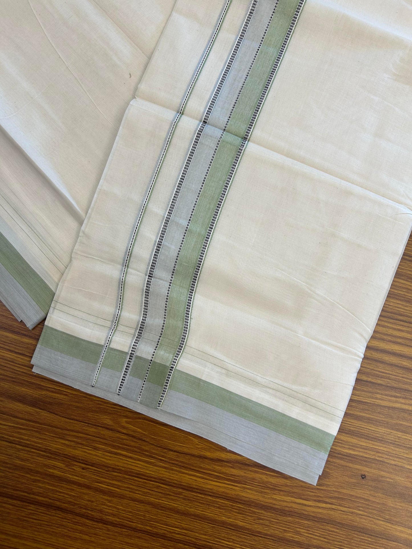 20% Discount ! KaithariKada Balaramapuram 100% Cotton Double Off White (Unbleached) - Mundu / Dhoti- 100x80 -  1.5 inch Black Pastel Green & Grey Shaded Striped Kara 4 mtr (8.5 Muzham) - 17 KK5363 VIN