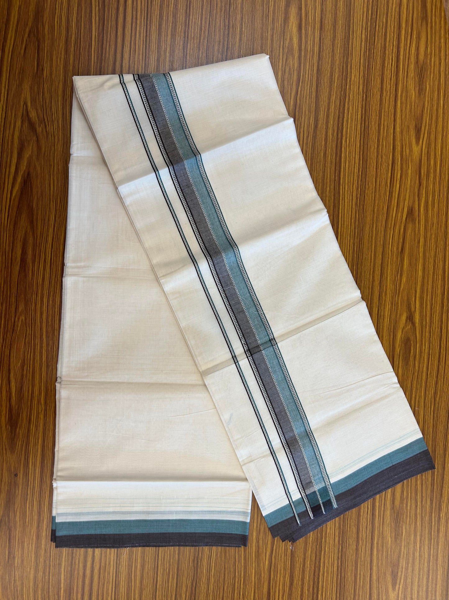 20% Discount ! KaithariKada Balaramapuram 100% Cotton Double Off White (Unbleached) - Mundu / Dhoti- 100x80 -  1.5 inch Brown & Turquoise Green Shaded Striped Kara 4 mtr (8.5 Muzham) - 18 KK5363 VIN