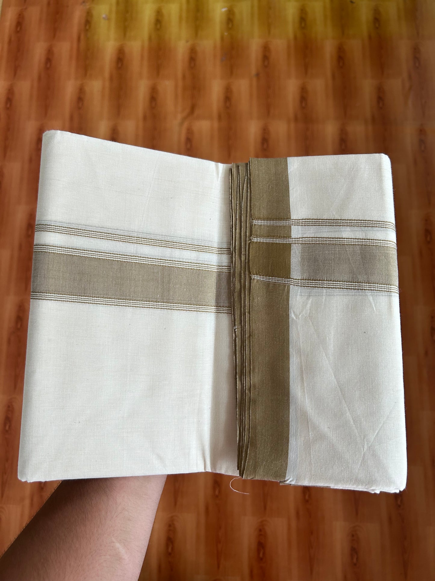 20% Discount!! KaithariKada Balaramapuram 100% Cotton Double Off White - (Unbleached) Mundu/Dhoti-100x80 - 1.5 inch Peanut Brown Shaded Striped Kara- 3.75 mtr (8 Muzham) - 17 KK5381 ASH