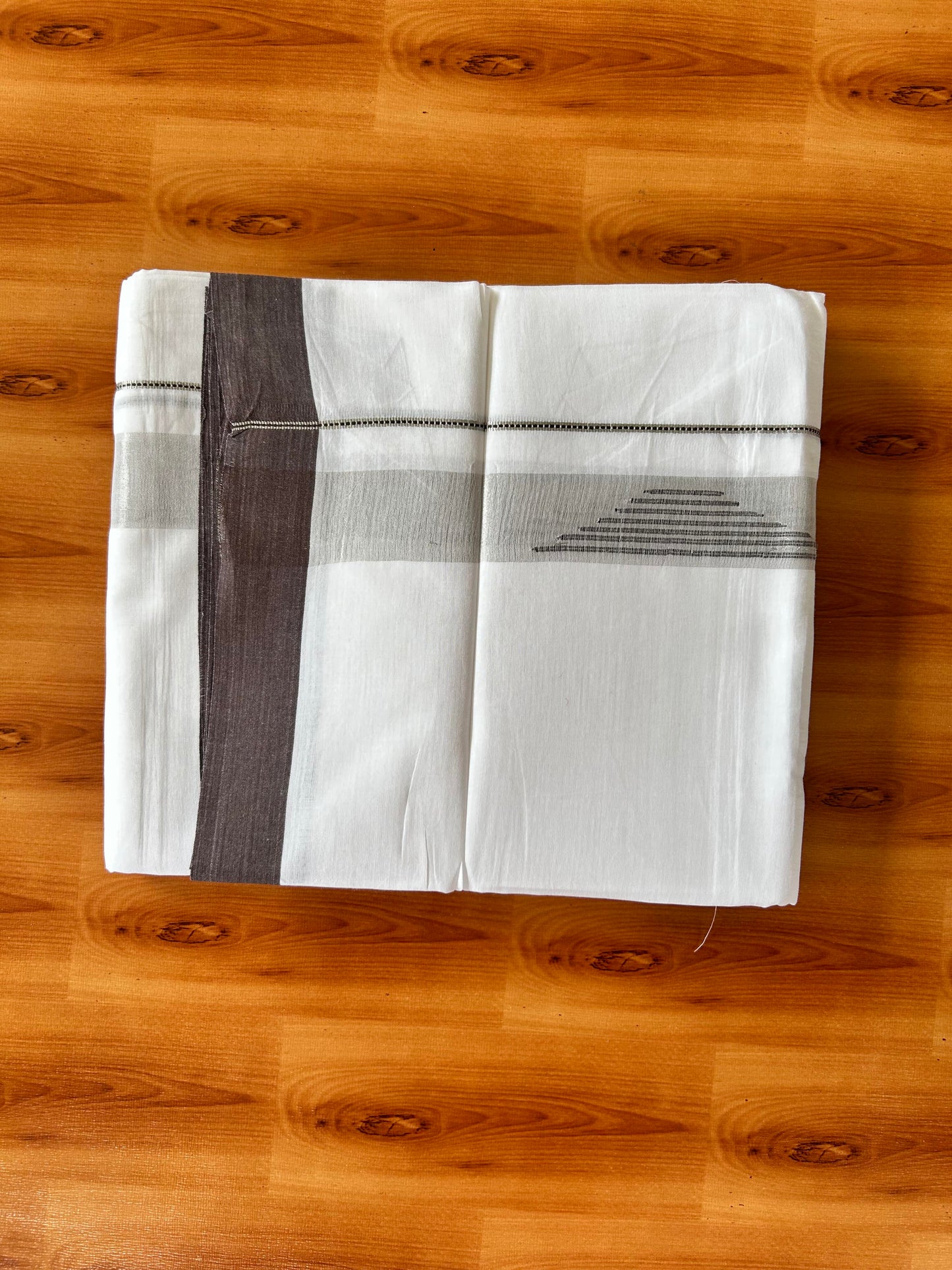Pure White Double Mundu/Dhoti - 20% Discount ! Kaitharikada 100% Pure Cotton - 100x80s - 1.5 inch Silver Kasav & Chocolate Brown Stripes Pattern Kara 3.80 mtr (8 muzham) - 48 KK5456 THI