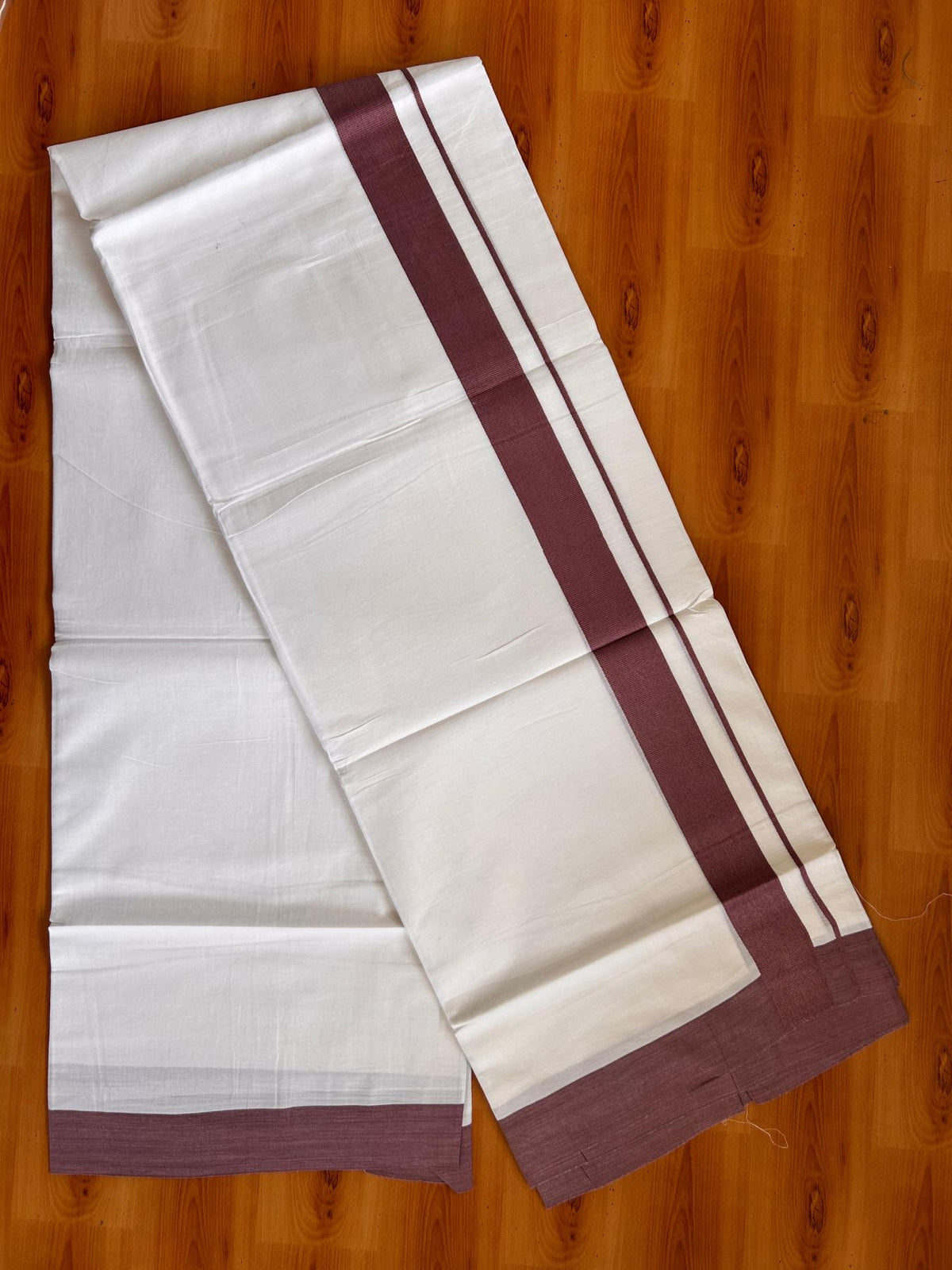 Pure White Double Mundu/Dhoti - 20% Discount ! Kaitharikada Pure Cotton - 100x80 - 1.5 inch Wine Kara 3.80 mtr (8 muzham) - 3 KK5523 MC