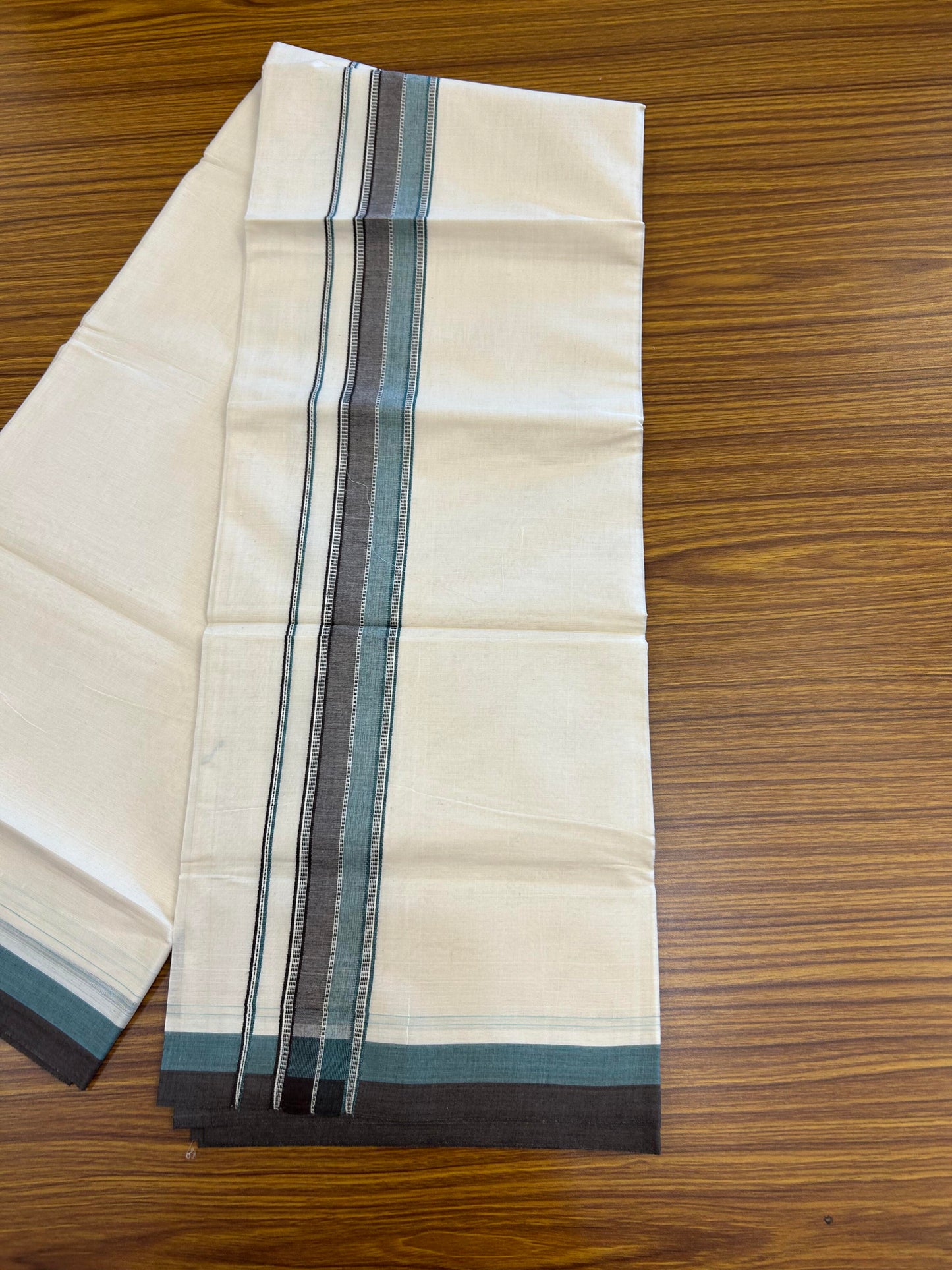 20% Discount ! KaithariKada Balaramapuram 100% Cotton Double Off White (Unbleached) - Mundu / Dhoti- 100x80 -  1.5 inch Brown & Turquoise Green Shaded Striped Kara 4 mtr (8.5 Muzham) - 18 KK5363 VIN