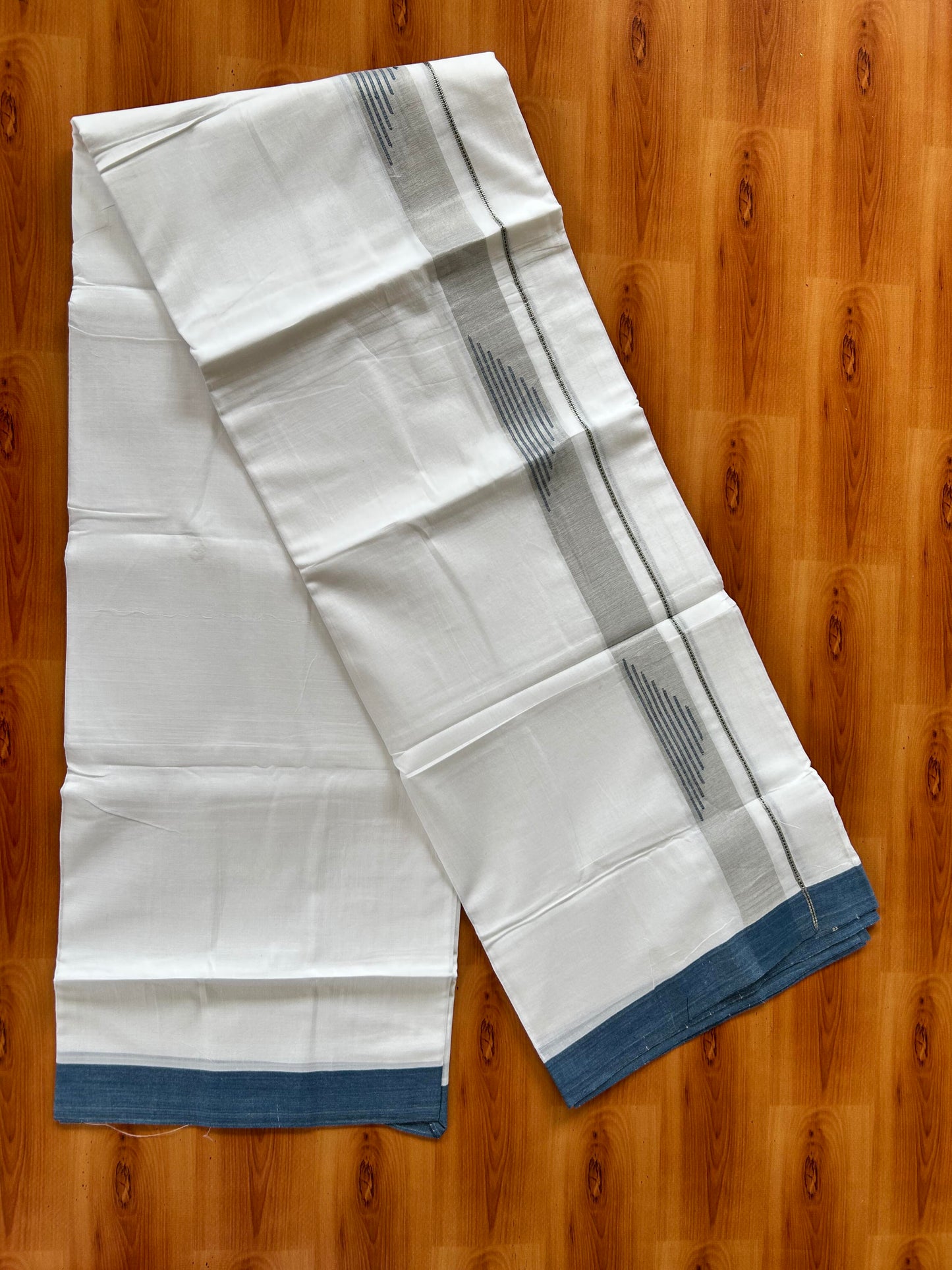Pure White Double Mundu/Dhoti - 20% Discount ! Kaitharikada 100% Pure Cotton - 100x80s - 1.5 inch Silver Kasav & Peacock blue Stripes Pattern Kara 3.80 mtr (8 muzham) - 52 KK5456 THI