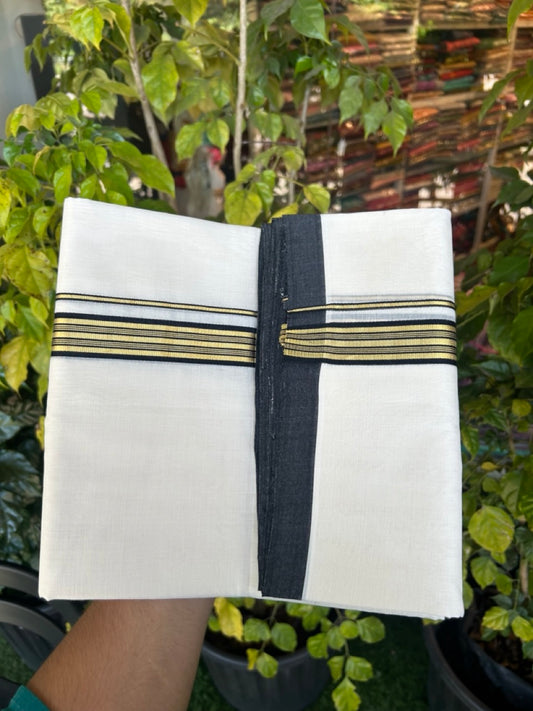 25% Discount ! Kaitharikada Handloom Unakkupaav Balaramapuram - 100% Pure Cotton Off White - (Unbleached) Double Mundu/Dhoti - 100x80 - 1.25 inch Gold Kasav & Black Striped Kara 4 mtr (8.5 Muzham) - 11 KK5307 SAS