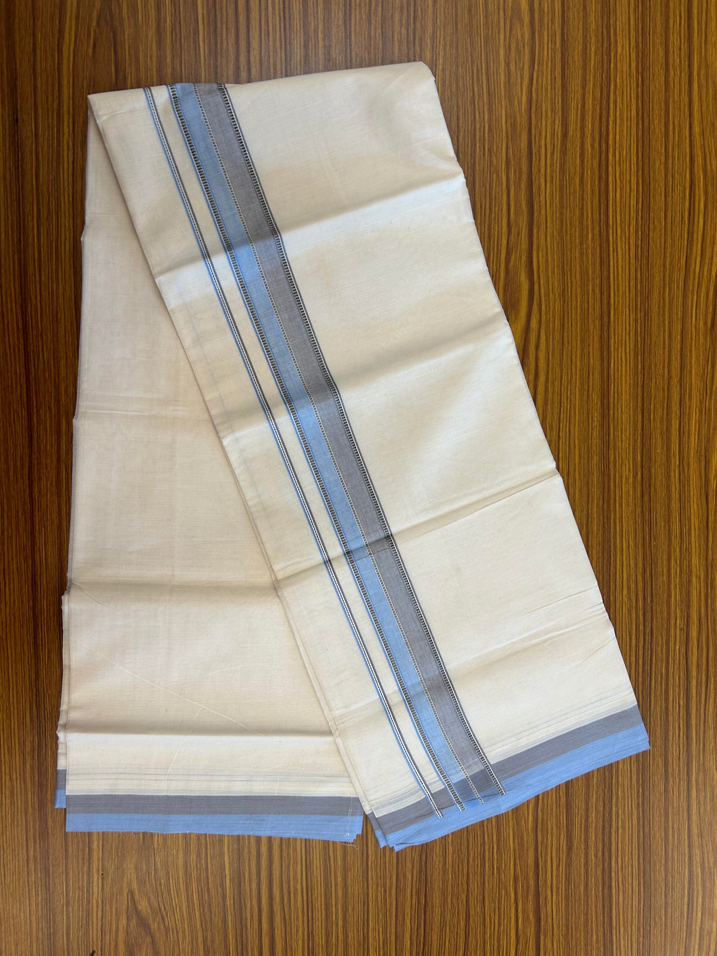 20% Discount ! KaithariKada Balaramapuram 100% Cotton Double Off White (Unbleached) - Mundu / Dhoti- 100x80 -  1.5 inch Blue & Ash Grey Shaded Striped Kara 4 mtr (8.5 Muzham) - 19 KK5363 VIN