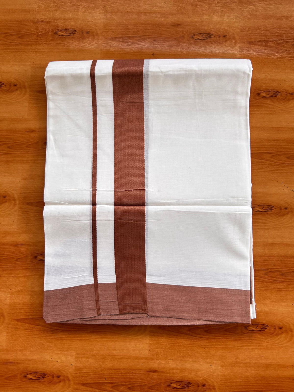 Pure White Double Mundu/Dhoti - 20% Discount ! Kaitharikada Pure Cotton - 100x80 - 1.5 inch Saddle Brown Kara 3.80 mtr (8 muzham) - 4 KK5523 MC