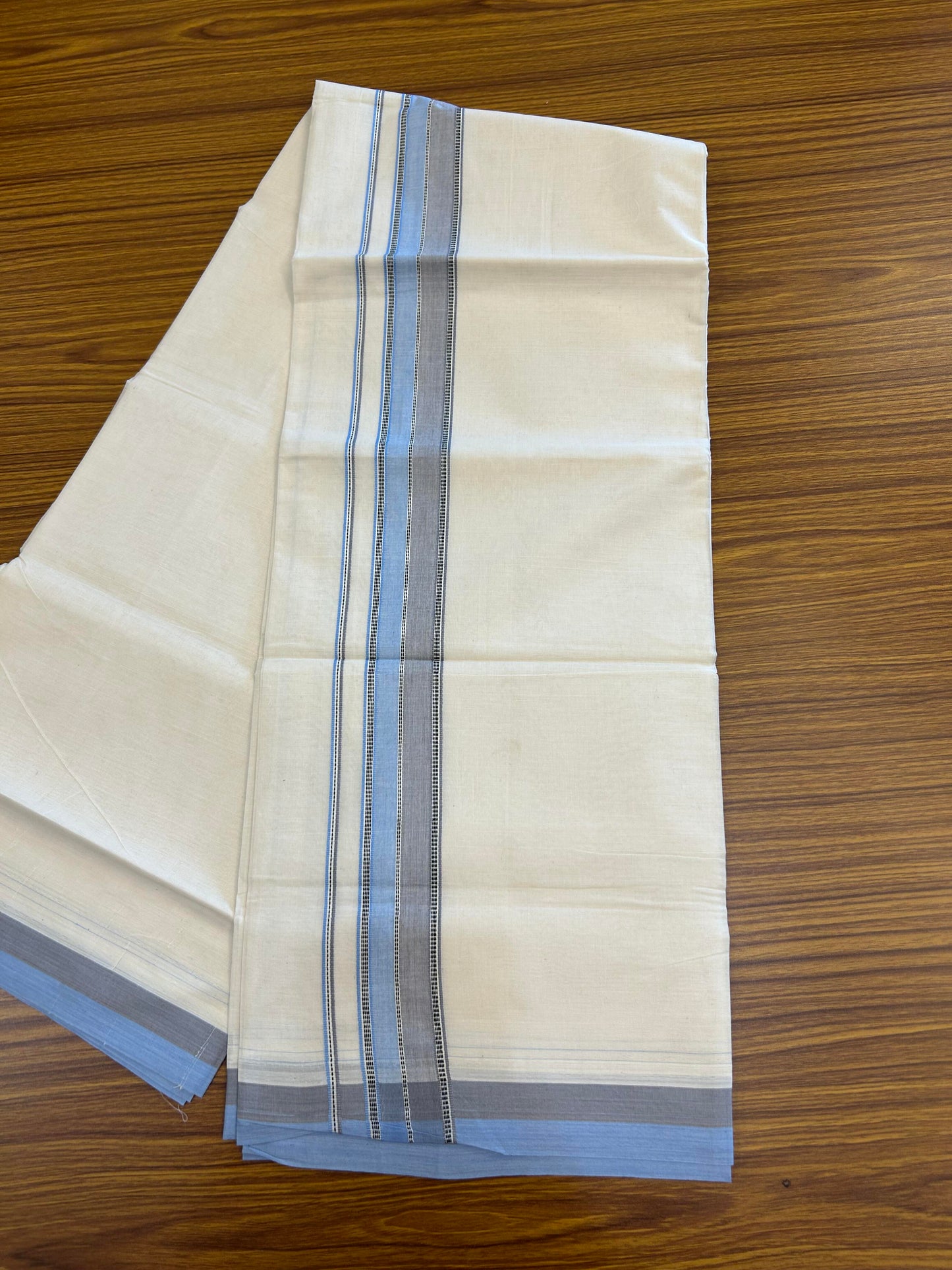 20% Discount ! KaithariKada Balaramapuram 100% Cotton Double Off White (Unbleached) - Mundu / Dhoti- 100x80 -  1.5 inch Blue & Ash Grey Shaded Striped Kara 4 mtr (8.5 Muzham) - 19 KK5363 VIN