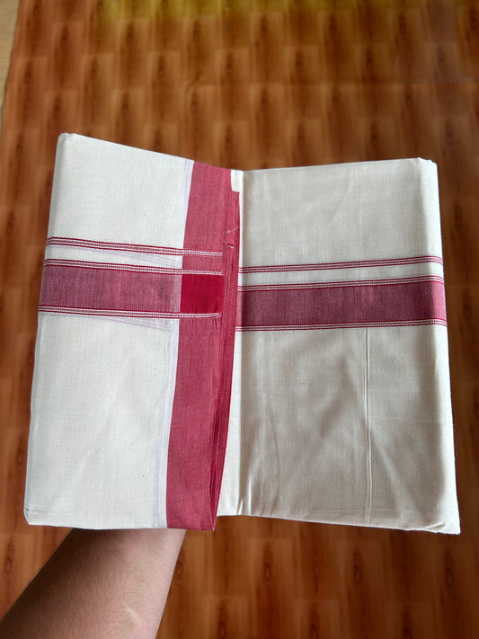 20% Discount!! KaithariKada Balaramapuram 100% Cotton Double Off White - (Unbleached) Mundu/Dhoti-100x80 - 1.25 inch Light Red Shaded Striped Kara- 3.75 mtr (8 Muzham) - 22 KK5381 ASH