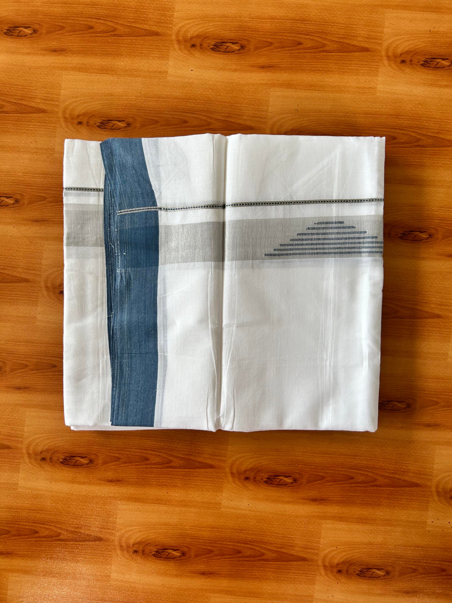 Pure White Double Mundu/Dhoti - 20% Discount ! Kaitharikada 100% Pure Cotton - 100x80s - 1.5 inch Silver Kasav & Peacock blue Stripes Pattern Kara 3.80 mtr (8 muzham) - 52 KK5456 THI