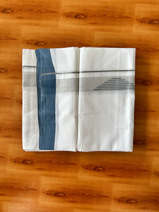 Pure White Double Mundu/Dhoti - 20% Discount ! Kaitharikada 100% Pure Cotton - 100x80s - 1.5 inch Silver Kasav & Peacock blue Stripes Pattern Kara 3.80 mtr (8 muzham) - 52 KK5456 THI