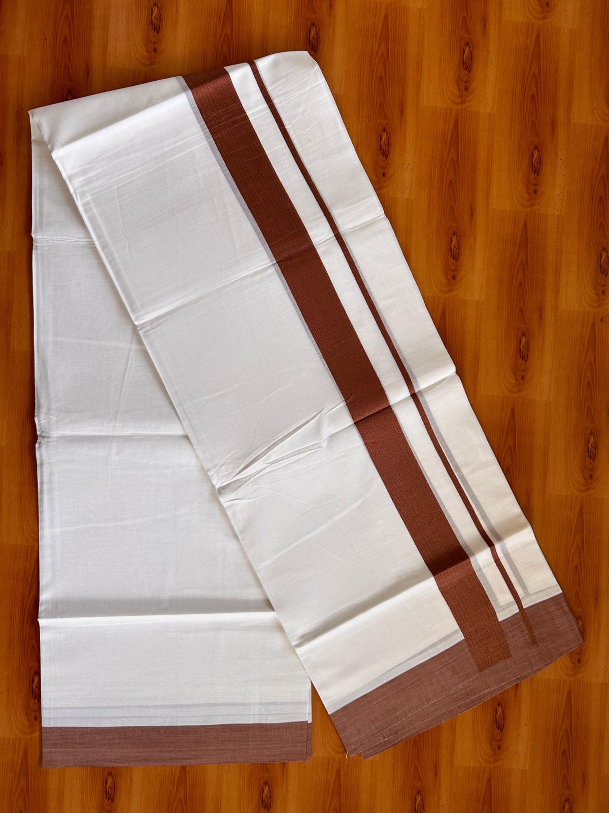 Pure White Double Mundu/Dhoti - 20% Discount ! Kaitharikada Pure Cotton - 100x80 - 1.5 inch Saddle Brown Kara 3.80 mtr (8 muzham) - 4 KK5523 MC