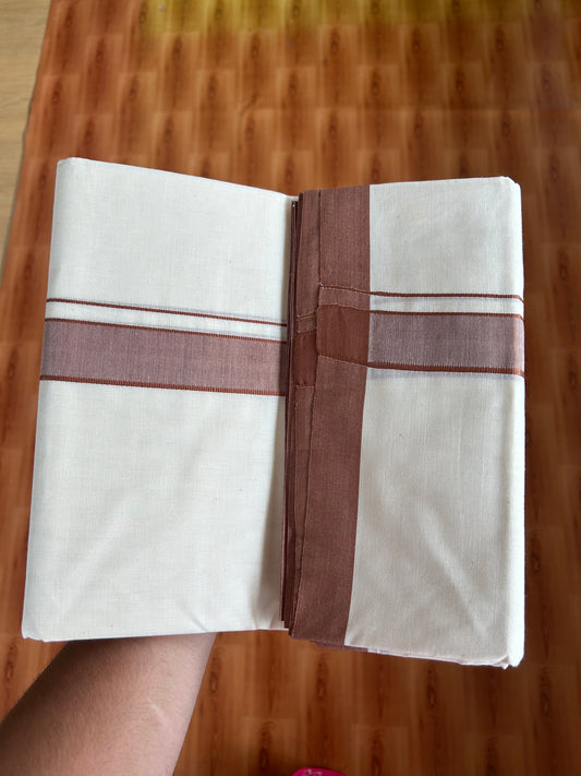 20% Discount!! KaithariKada Balaramapuram 100% Cotton Double Off White - (Unbleached) Mundu/Dhoti-100x80 - 1.25 inch Brown Shaded Kara- 3.75 mtr (8 Muzham) - 21 KK5381 ASH