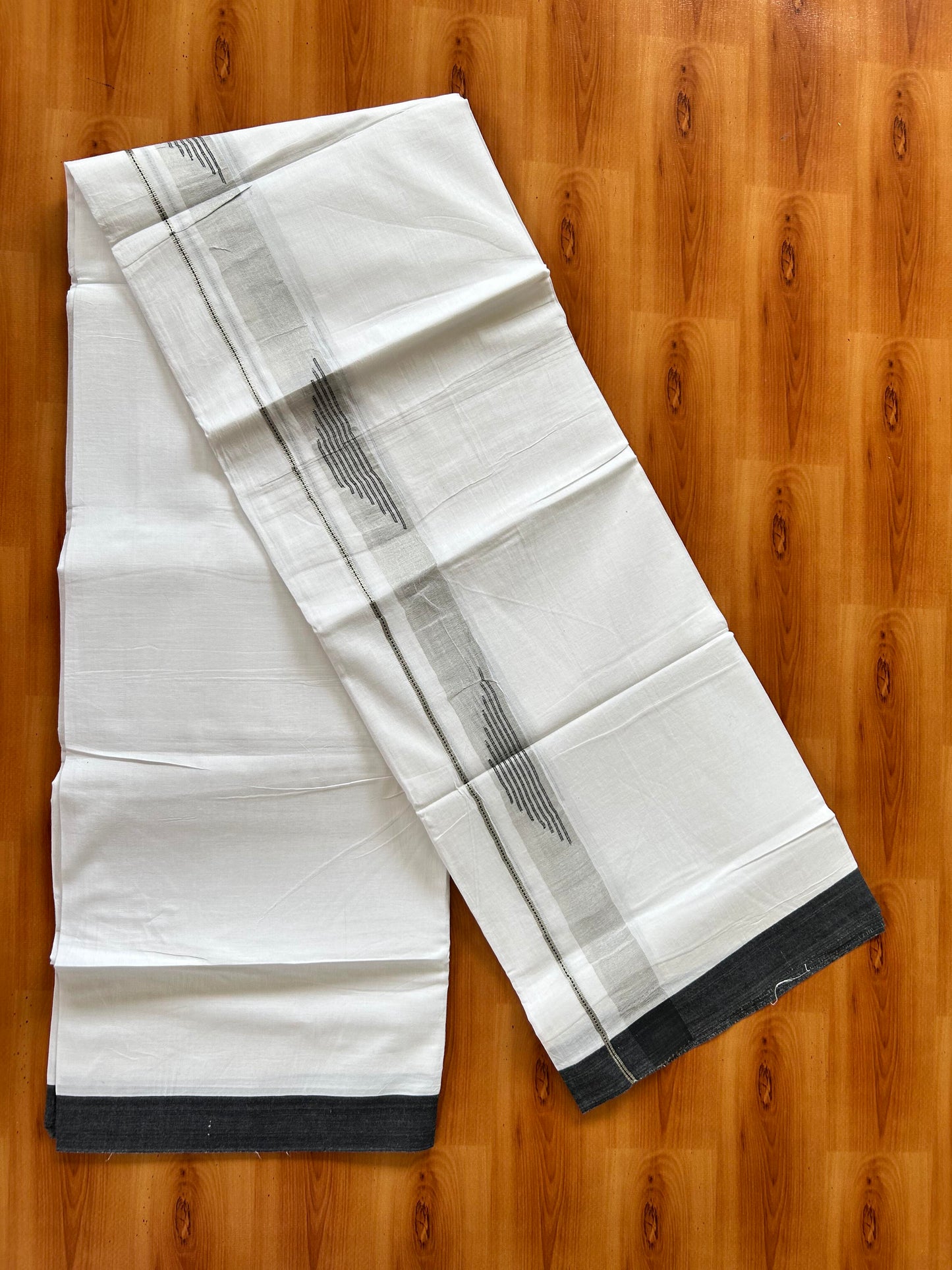 Pure White Double Mundu/Dhoti - 20% Discount ! Kaitharikada 100% Pure Cotton - 100x80s - 1.5 inch Silver Kasav & Black Stripes Pattern Kara 3.80 mtr (8 muzham) - 51 KK5456 THI