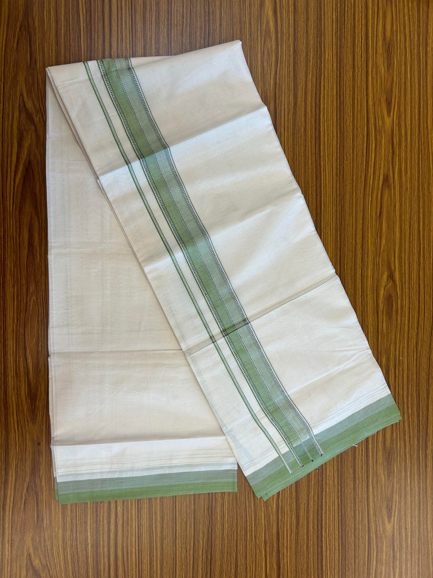 20% Discount ! KaithariKada Balaramapuram 100% Cotton Double Off White (Unbleached) - Mundu / Dhoti- 100x80 -  1.5 inch Black Pista Green & Mint Green Shaded Striped Kara 4 mtr (8.5 Muzham) - 20 KK5363 VIN