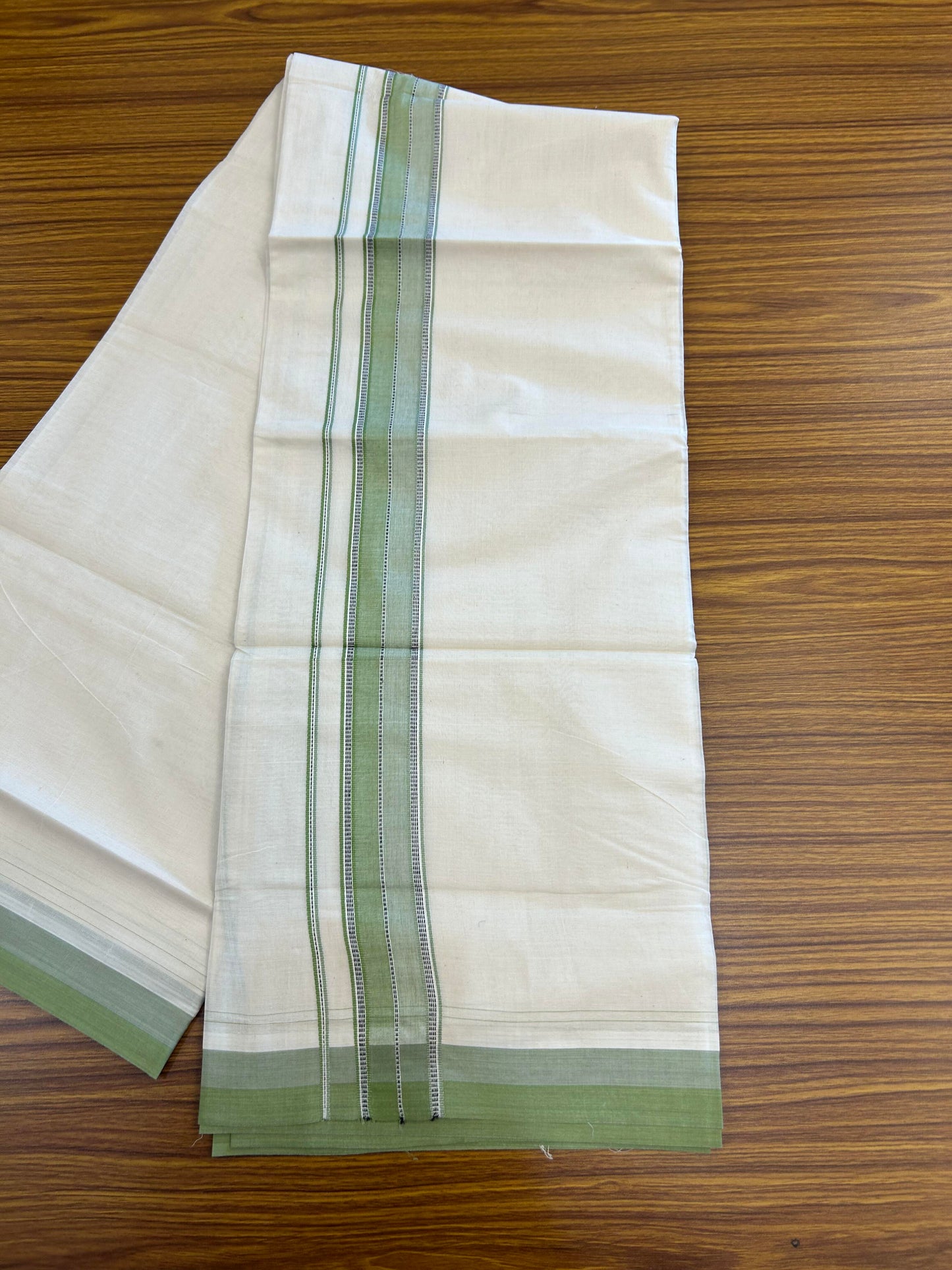20% Discount ! KaithariKada Balaramapuram 100% Cotton Double Off White (Unbleached) - Mundu / Dhoti- 100x80 -  1.5 inch Black Pista Green & Mint Green Shaded Striped Kara 4 mtr (8.5 Muzham) - 20 KK5363 VIN