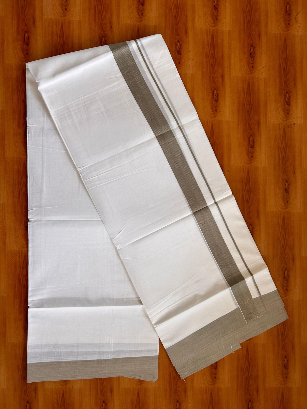 Pure White Double Mundu/Dhoti - 20% Discount ! Kaitharikada Pure Cotton - 100x80 - 1.5 inch Grey Kara 3.80 mtr (8 muzham) - 5 KK5523 MC