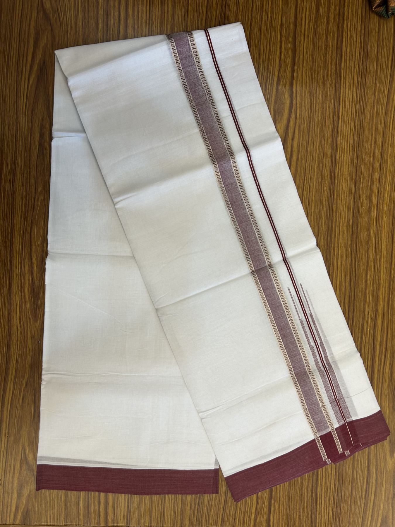 20% Discount! KaithariKada Balaramapuram 100% Cotton Double Pure white Mundu/Dhoti- 100X80 - 1.25 inch Puliyilakkara Silver Kasav & Maroon Chutty Kara - 4 mtr ( 8.5 muzham) - 62 KK5341 VIN