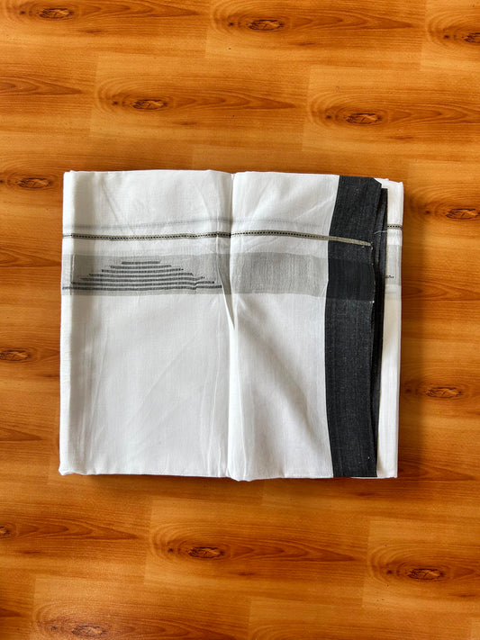 Pure White Double Mundu/Dhoti - 20% Discount ! Kaitharikada 100% Pure Cotton - 100x80s - 1.5 inch Silver Kasav & Black Stripes Pattern Kara 3.80 mtr (8 muzham) - 51 KK5456 THI
