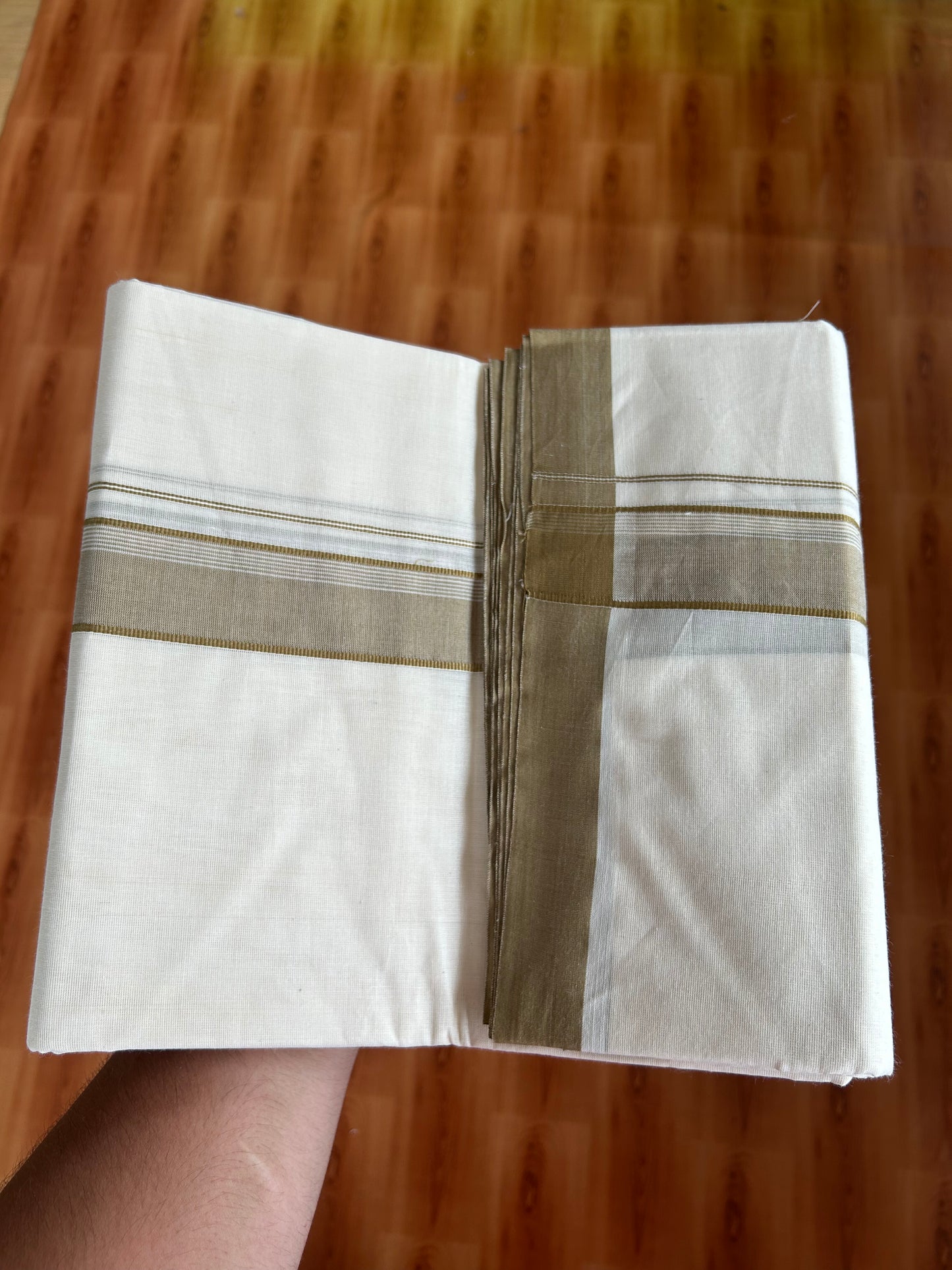 20% Discount!! KaithariKada Balaramapuram 100% Cotton Double Off White - (Unbleached) Mundu/Dhoti-100x80 - 1.5 inch Peanut Brown Shaded Striped Kara- 3.75 mtr (8 Muzham) - 18 KK5381 ASH