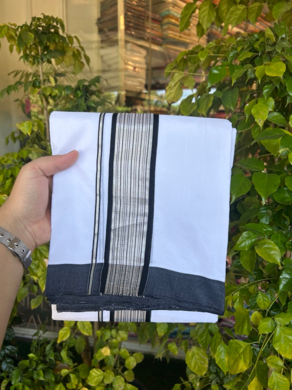 25% Discount!! New Ultra Pure White Thread Handloom Balaramapuram - 100% Mercerised Cotton Double Mundu/Dhoti - 120 x120 - Silver Kasav & Black Striped Kara - 1 KK5307 SAS