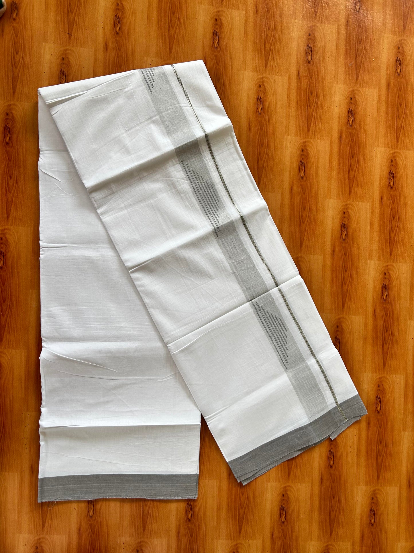 Pure White Double Mundu/Dhoti - 20% Discount ! Kaitharikada 100% Pure Cotton - 100x80s - 1.5 inch Silver Kasav & Grey Stripes Pattern Kara 3.80 mtr (8 muzham) - 50 KK5456 THI