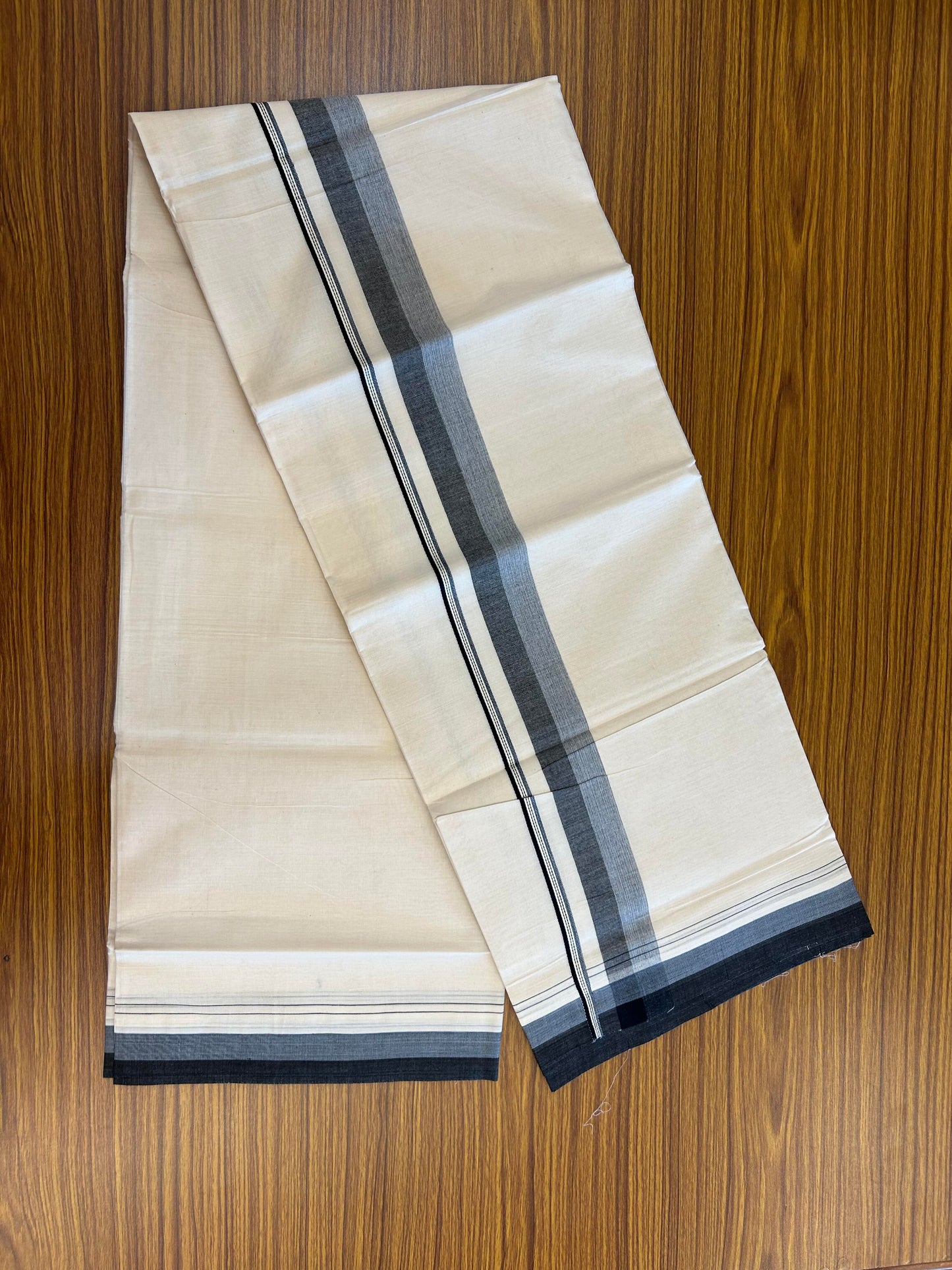 20% Discount ! KaithariKada Balaramapuram 100% Cotton Double Off White (Unbleached) - Mundu / Dhoti- 100x80 -  1.25 inch Blue & Black Shaded Kara 4 mtr (8.5 Muzham) - 9 KK5363 VIN