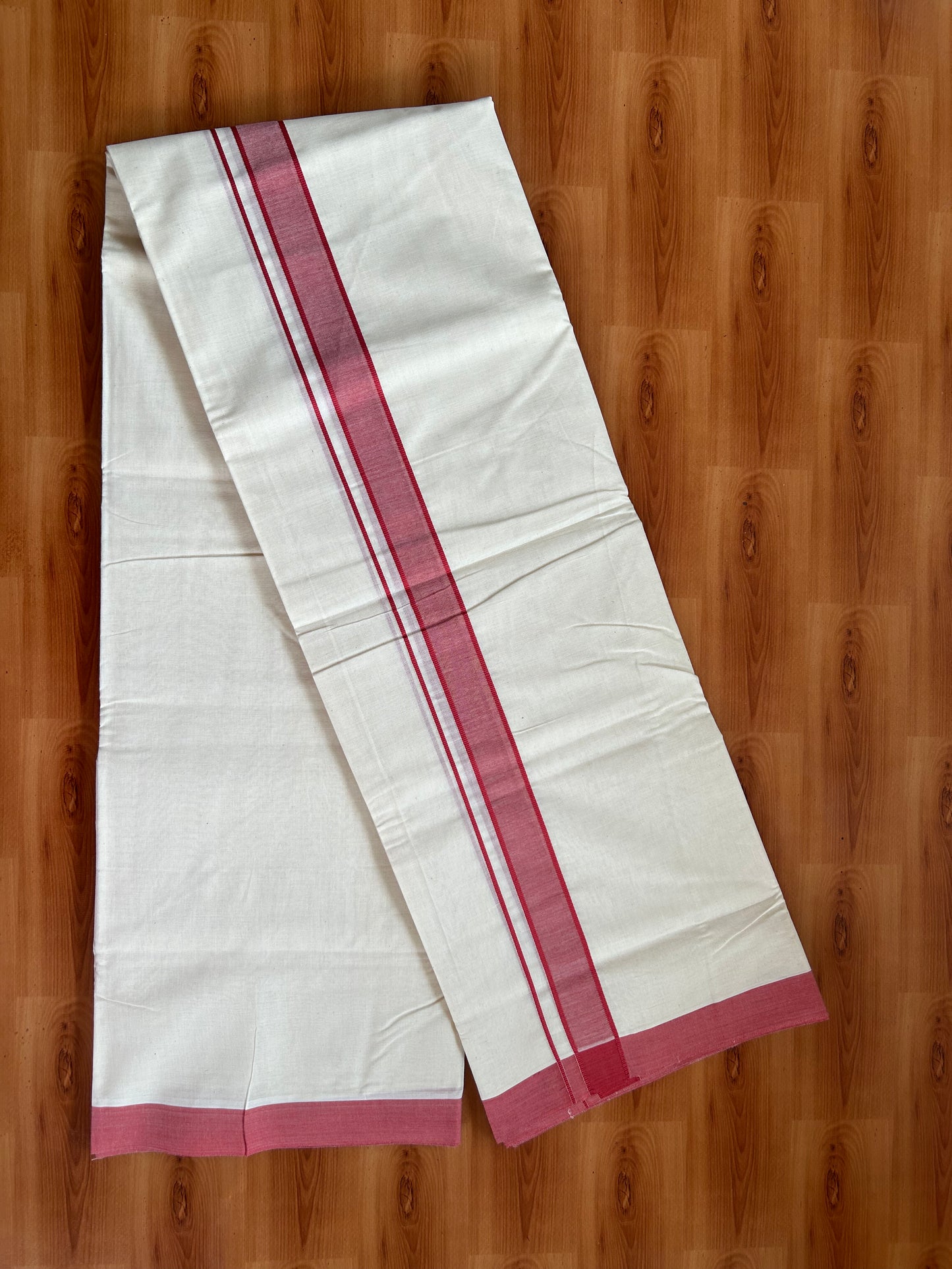 20% Discount!! KaithariKada Balaramapuram 100% Cotton Double Off White - (Unbleached) Mundu/Dhoti-100x80 - 1.25 inch Pale Red Shaded  Kara- 3.75 mtr (8 Muzham) - 26 KK5381 ASH