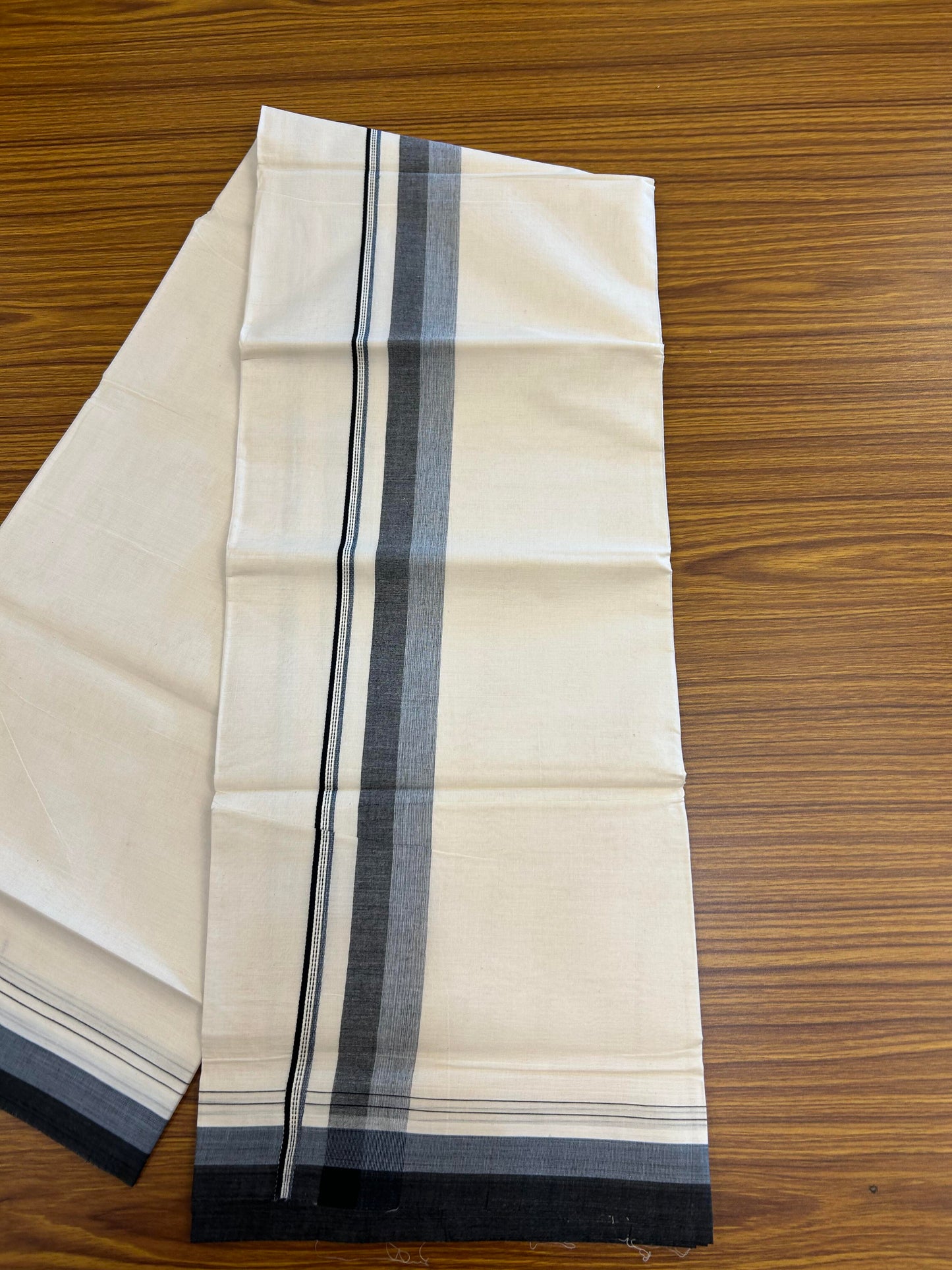 20% Discount ! KaithariKada Balaramapuram 100% Cotton Double Off White (Unbleached) - Mundu / Dhoti- 100x80 -  1.25 inch Blue & Black Shaded Kara 4 mtr (8.5 Muzham) - 9 KK5363 VIN