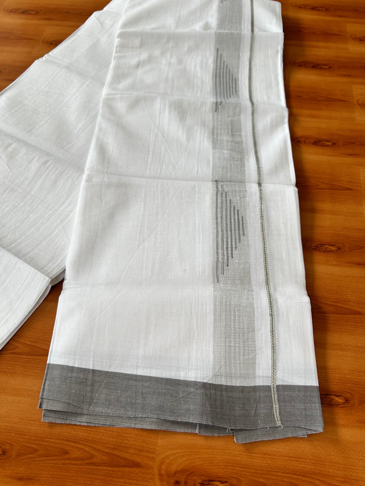 Pure White Double Mundu/Dhoti - 20% Discount ! Kaitharikada 100% Pure Cotton - 100x80s - 1.5 inch Silver Kasav & Grey Stripes Pattern Kara 3.80 mtr (8 muzham) - 50 KK5456 THI
