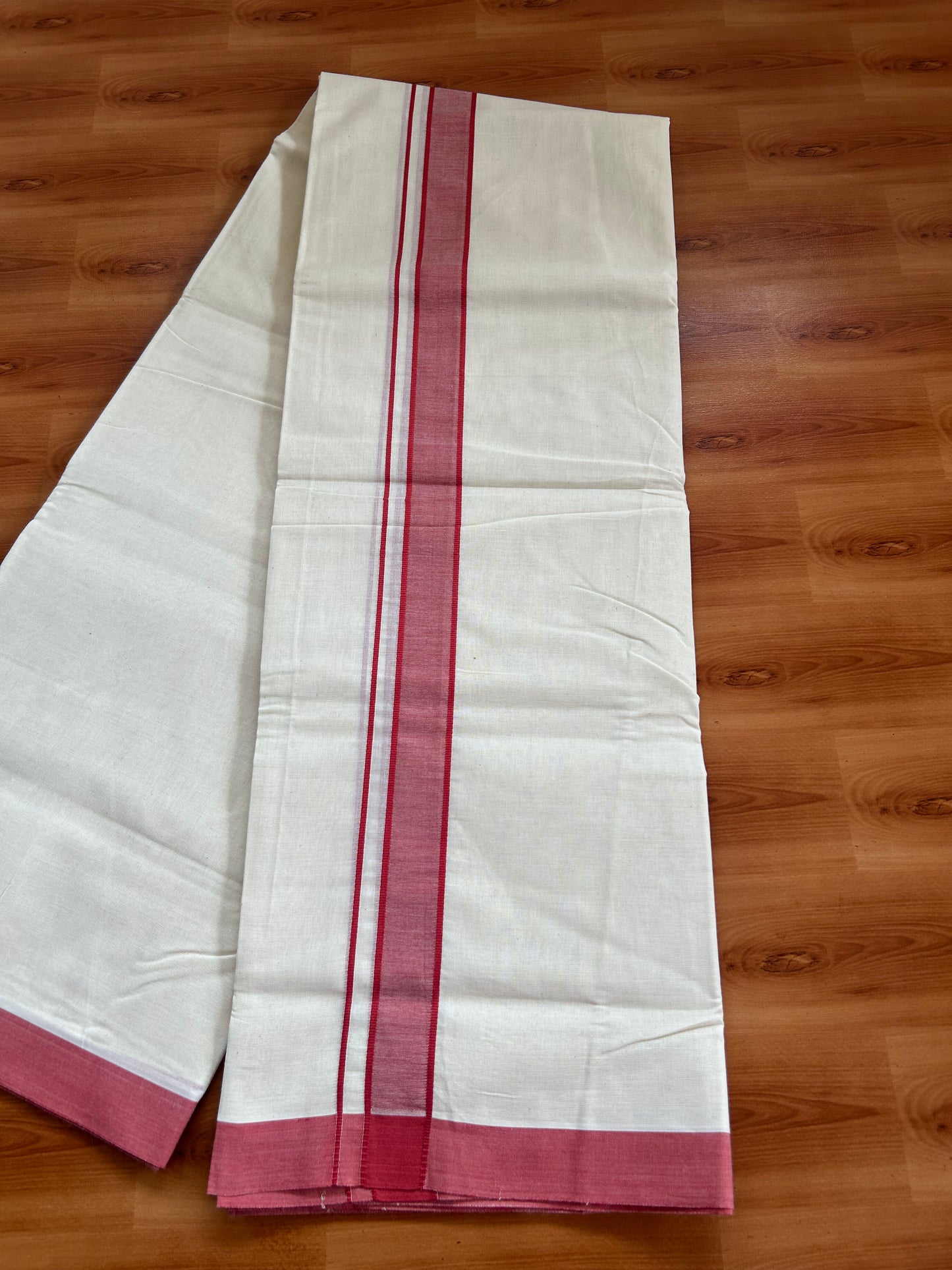 20% Discount!! KaithariKada Balaramapuram 100% Cotton Double Off White - (Unbleached) Mundu/Dhoti-100x80 - 1.25 inch Pale Red Shaded  Kara- 3.75 mtr (8 Muzham) - 26 KK5381 ASH