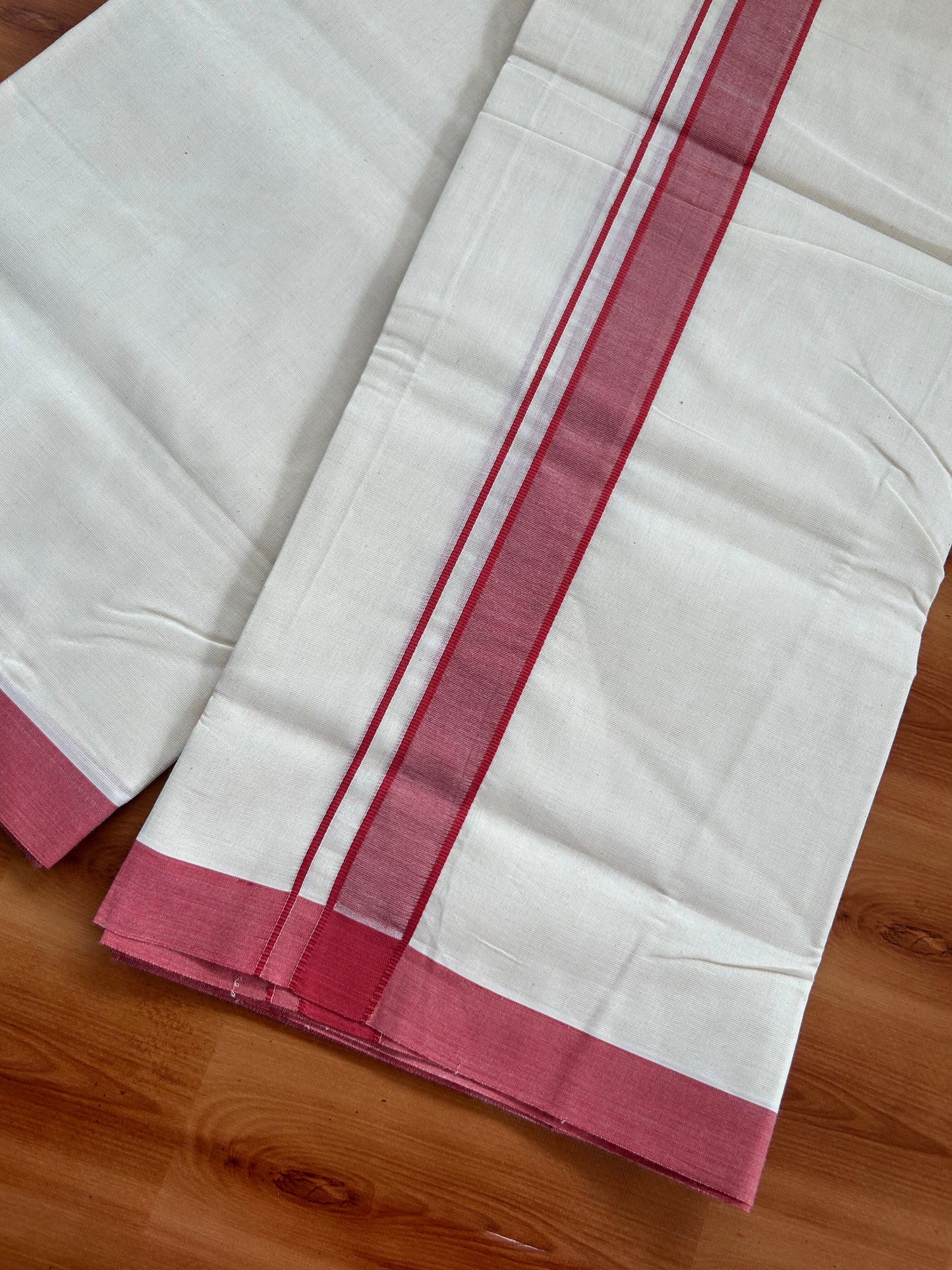 20% Discount!! KaithariKada Balaramapuram 100% Cotton Double Off White - (Unbleached) Mundu/Dhoti-100x80 - 1.25 inch Pale Red Shaded  Kara- 3.75 mtr (8 Muzham) - 26 KK5381 ASH
