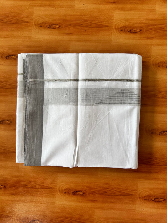 Pure White Double Mundu/Dhoti - 20% Discount ! Kaitharikada 100% Pure Cotton - 100x80s - 1.5 inch Silver Kasav & Grey Stripes Pattern Kara 3.80 mtr (8 muzham) - 50 KK5456 THI