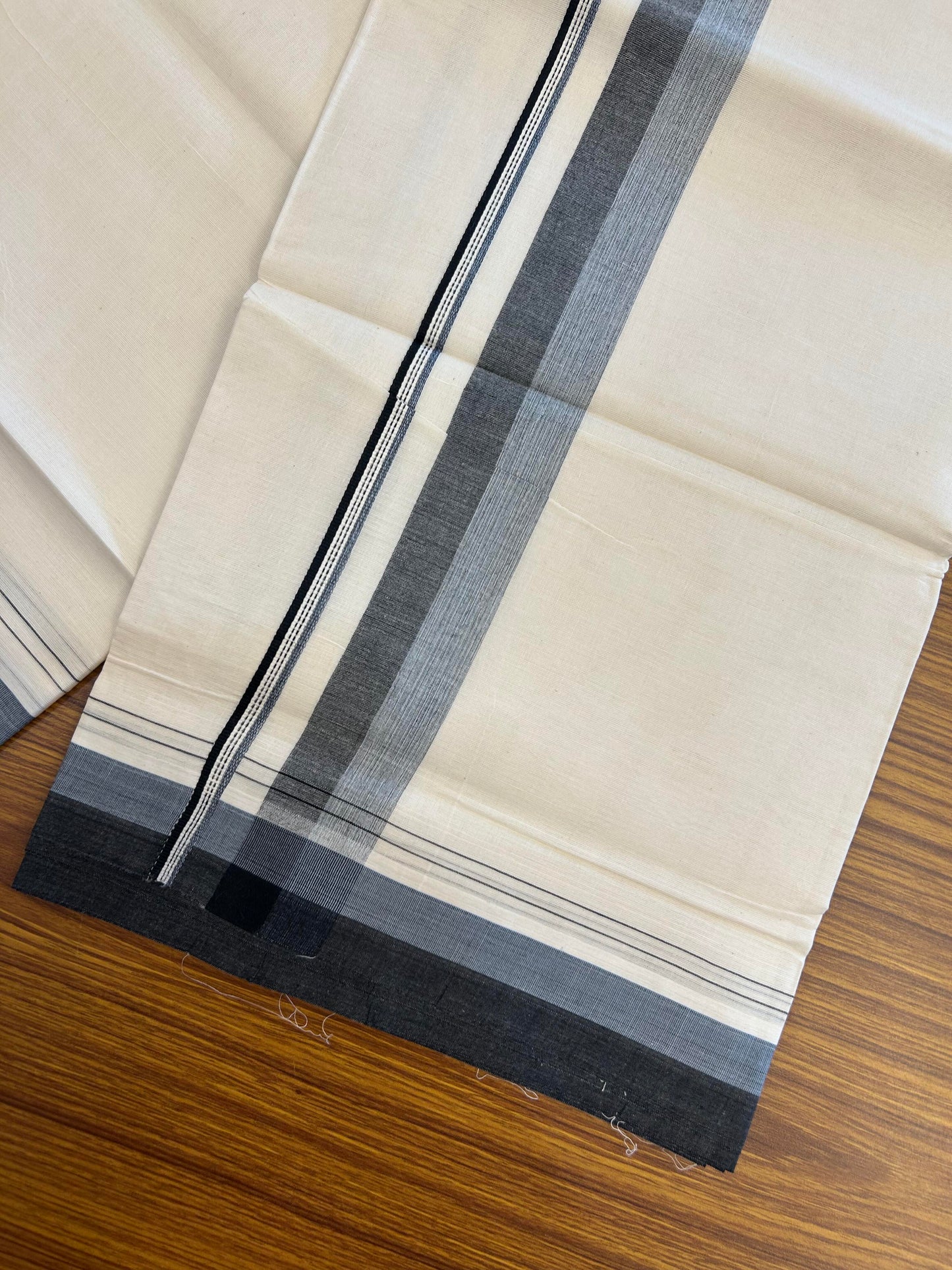 20% Discount ! KaithariKada Balaramapuram 100% Cotton Double Off White (Unbleached) - Mundu / Dhoti- 100x80 -  1.25 inch Blue & Black Shaded Kara 4 mtr (8.5 Muzham) - 9 KK5363 VIN