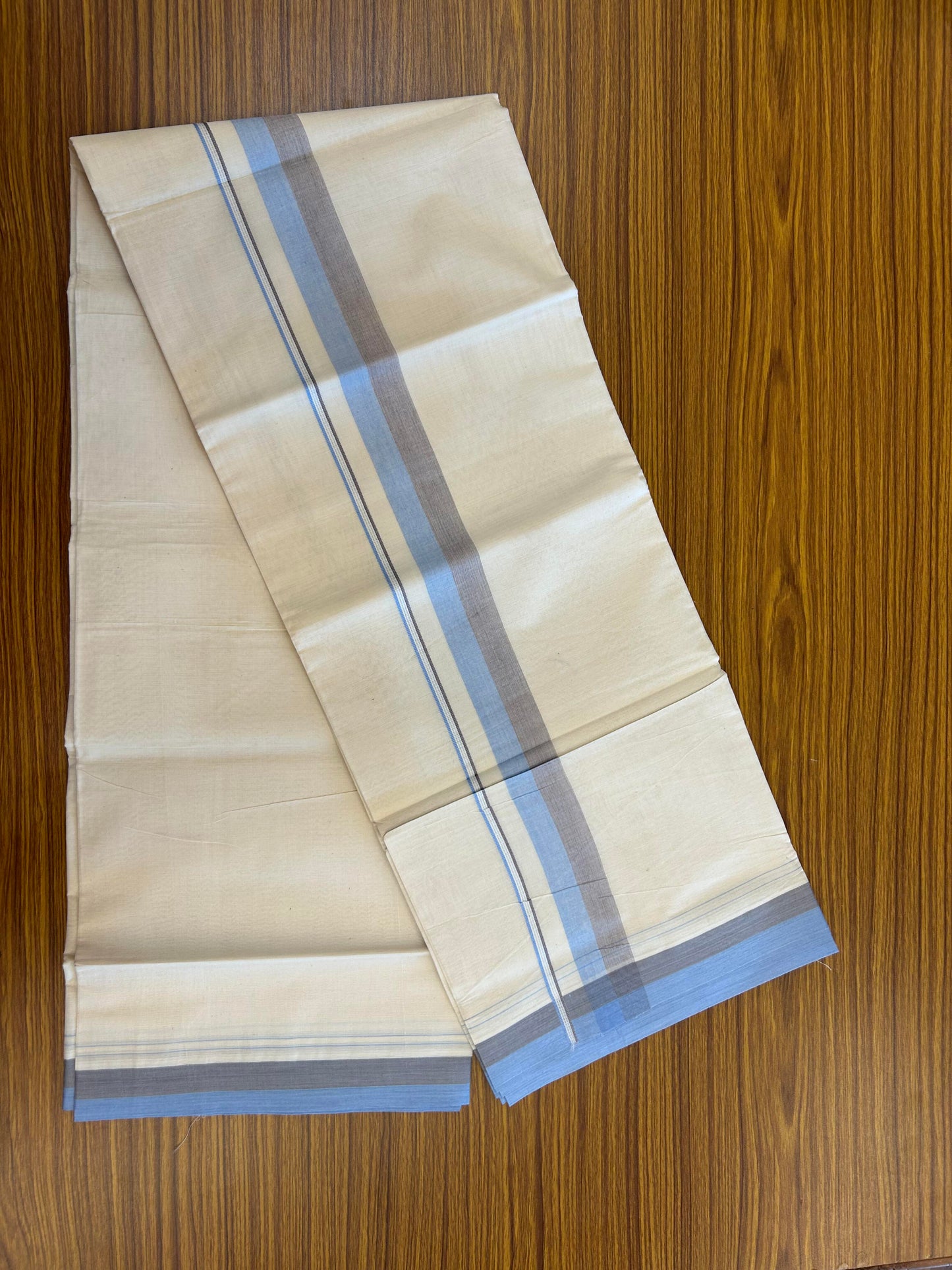 20% Discount ! KaithariKada Balaramapuram 100% Cotton Double Off White (Unbleached) - Mundu / Dhoti- 100x80 -  1.25 inch Blue & Light Brown Shaded Kara 4 mtr (8.5 Muzham) - 8 KK5363 VIN