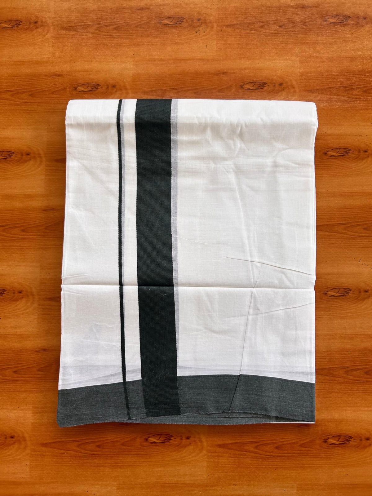 Pure White Double Mundu/Dhoti - 20% Discount ! Kaitharikada Pure Cotton - 100x80 - 1.5 inch Deep Green Kara 3.80 mtr (8 muzham) - 7 KK5523 MC