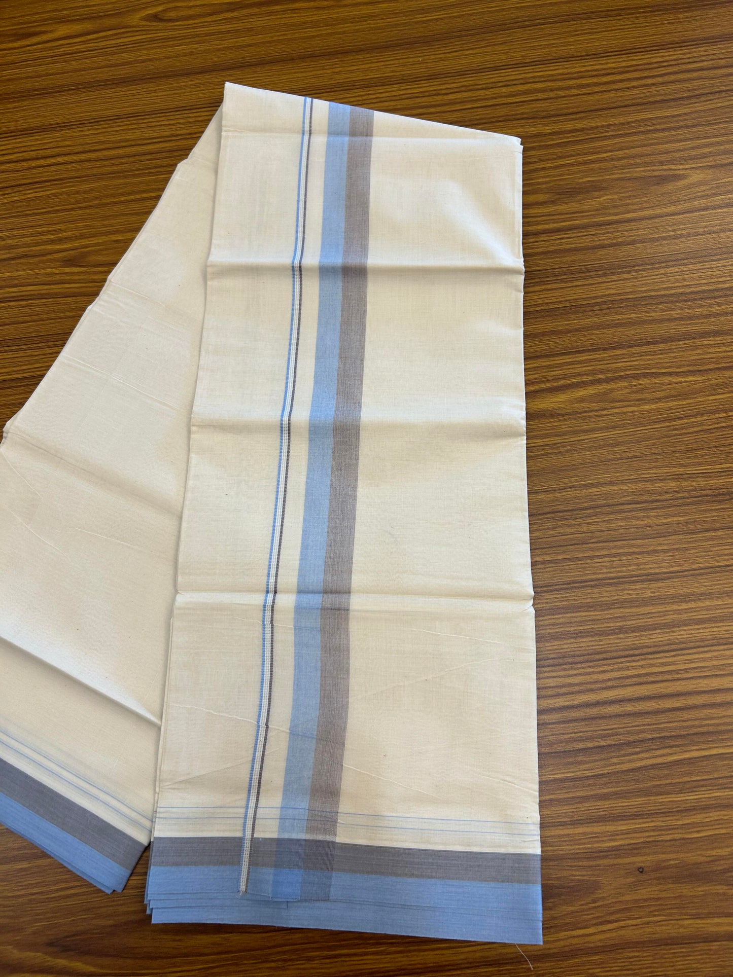 20% Discount ! KaithariKada Balaramapuram 100% Cotton Double Off White (Unbleached) - Mundu / Dhoti- 100x80 -  1.25 inch Blue & Light Brown Shaded Kara 4 mtr (8.5 Muzham) - 8 KK5363 VIN