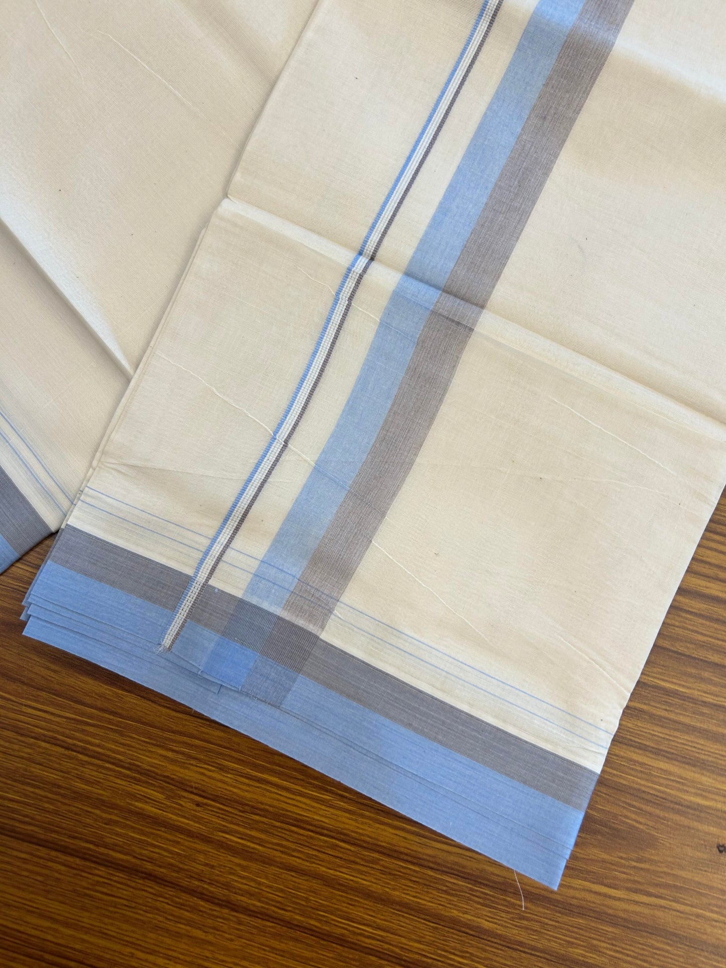 20% Discount ! KaithariKada Balaramapuram 100% Cotton Double Off White (Unbleached) - Mundu / Dhoti- 100x80 -  1.25 inch Blue & Light Brown Shaded Kara 4 mtr (8.5 Muzham) - 8 KK5363 VIN
