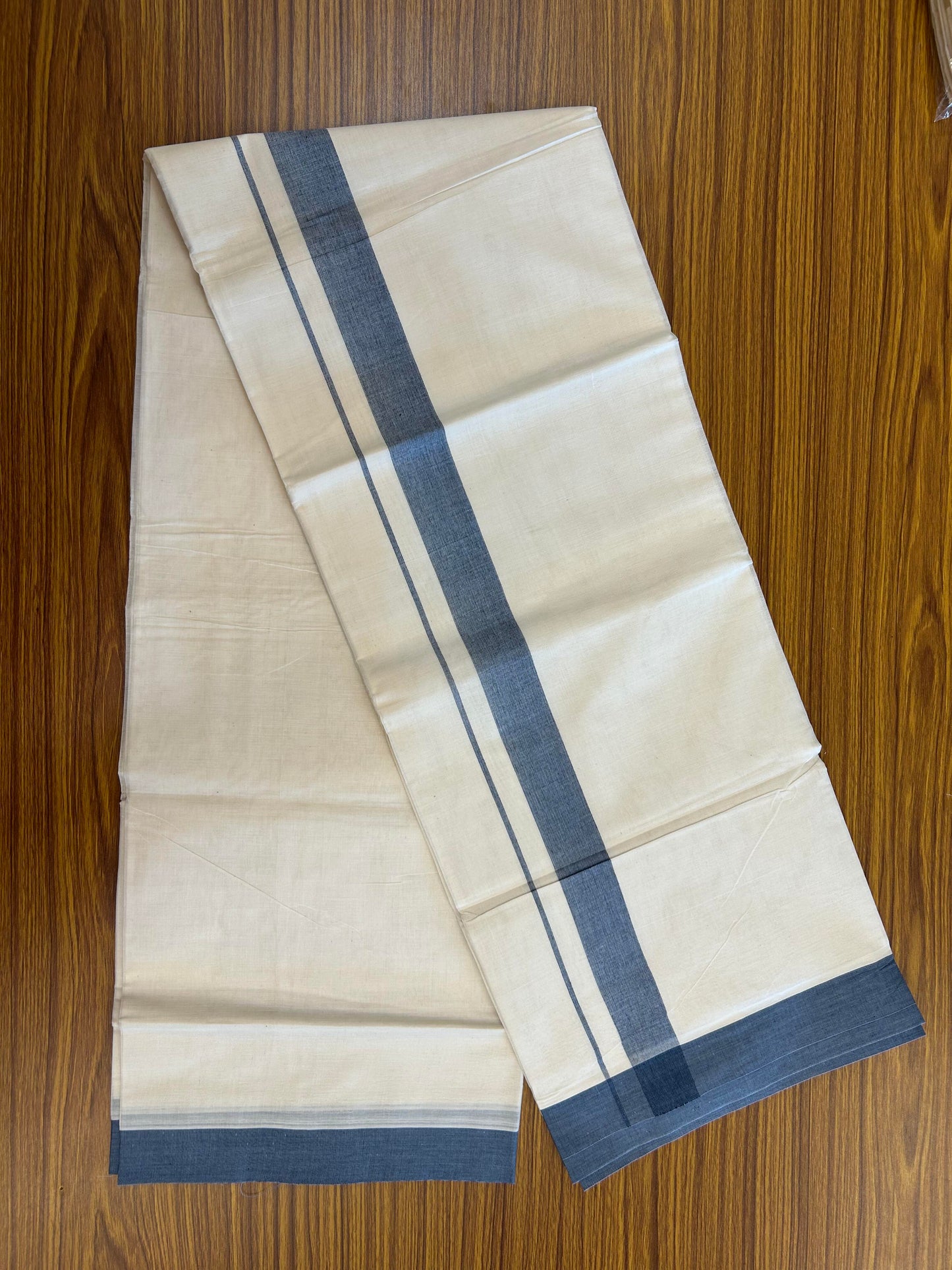 20% Discount ! KaithariKada Balaramapuram 100% Cotton Double Off White (Unbleached) - Mundu / Dhoti- 100x80 -  1.5 inch Black & Blue Shaded Kara 4 mtr (8.5 Muzham) - 1 KK5363 VIN