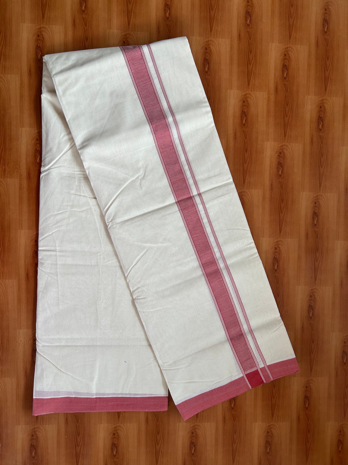 20% Discount!! KaithariKada Balaramapuram 100% Cotton Double Off White - (Unbleached) Mundu/Dhoti-100x80 - 1.25 inch Pale Red Shaded Striped Kara- 3.75 mtr (8 Muzham) - 24 KK5381 ASH