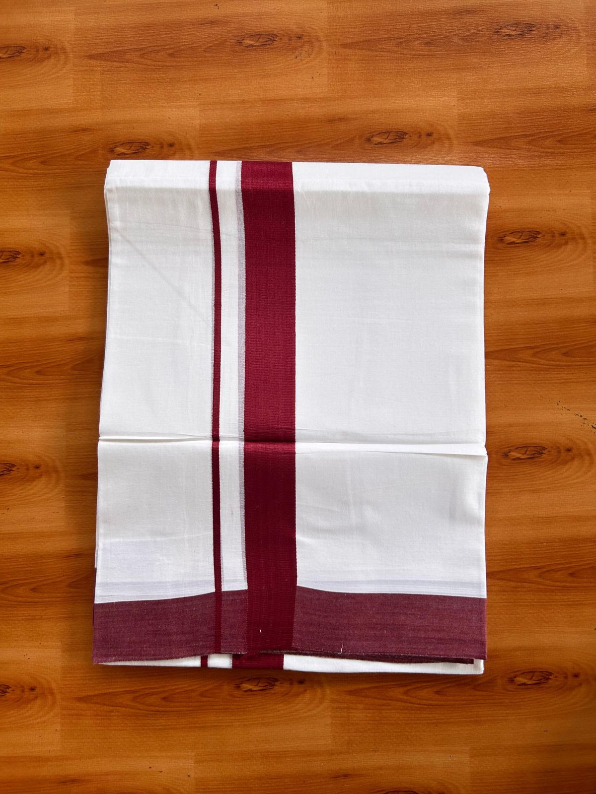 Pure White Double Mundu/Dhoti - 20% Discount ! Kaitharikada Pure Cotton - 100x80 - 1.5 inch Maroon Kara 3.80 mtr (8 muzham) - 8 KK5523 MC