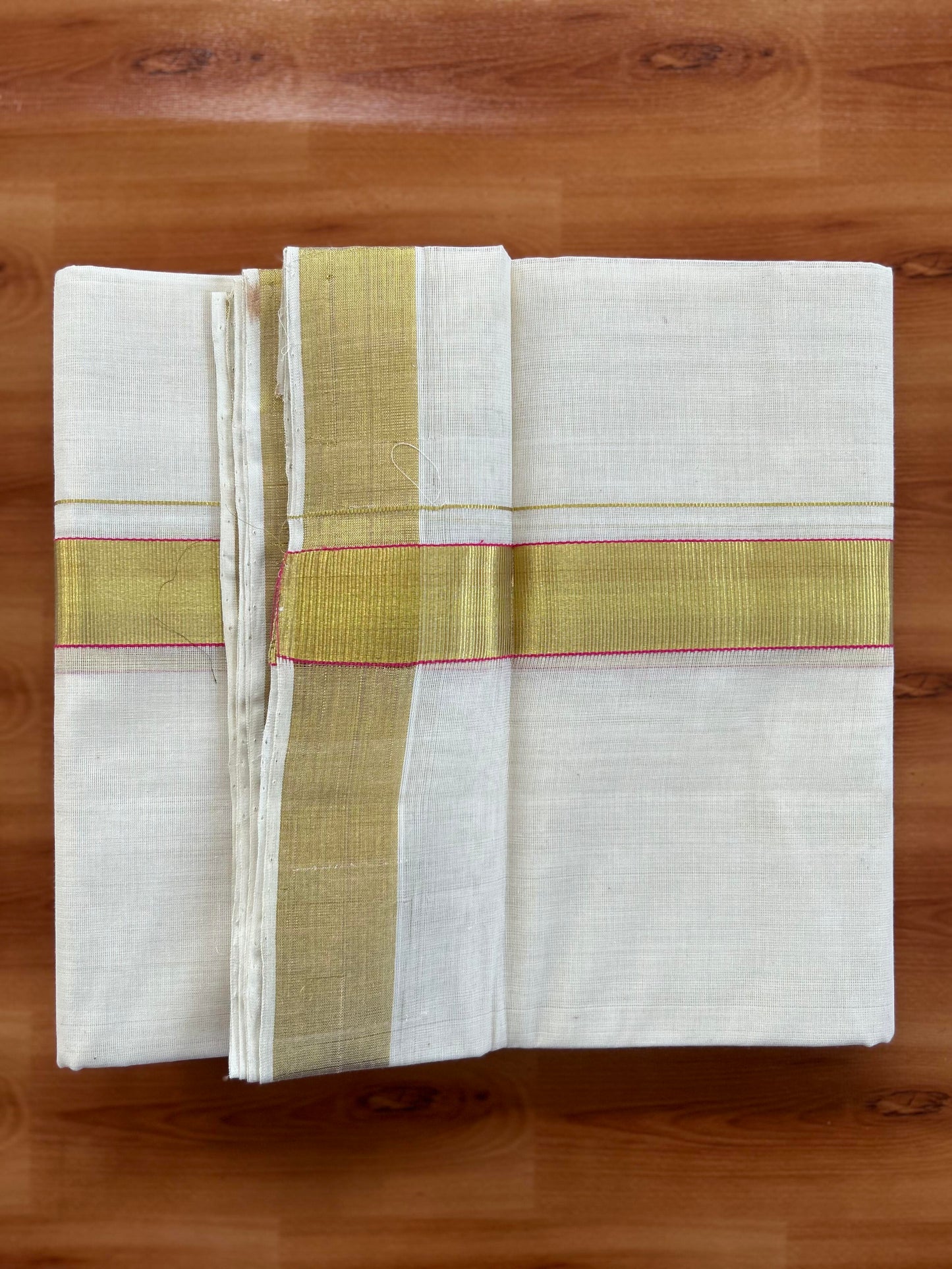 Double Off White (Unbleached)  Mundu/Dhoti- 25% Discount KaithariKada Handloom Unakkupaav - Kerala Handloom - 100% Pure Cotton (80x90) - 1.25 Inch Gold Kasav & Magenta Kara 3.80 mtr (8 muzham) - 6 KK8057 ELA