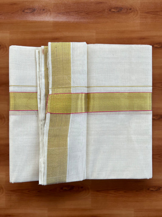 Double Off White (Unbleached)  Mundu/Dhoti- 25% Discount KaithariKada Handloom Unakkupaav - Kerala Handloom - 100% Pure Cotton (80x90) - 1.25 Inch Gold Kasav & Magenta Kara 3.80 mtr (8 muzham) - 6 KK8057 ELA