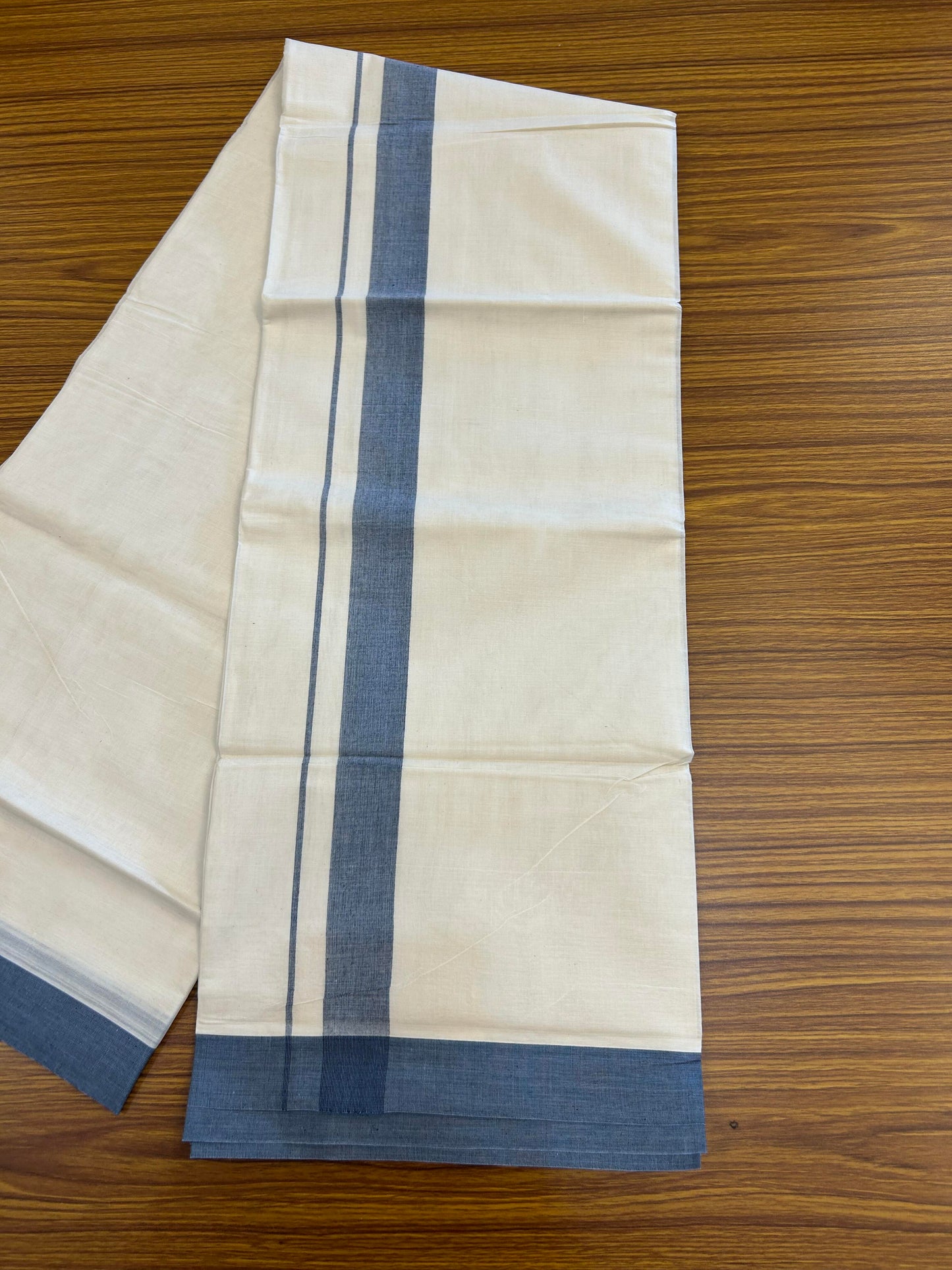 20% Discount ! KaithariKada Balaramapuram 100% Cotton Double Off White (Unbleached) - Mundu / Dhoti- 100x80 -  1.5 inch Black & Blue Shaded Kara 4 mtr (8.5 Muzham) - 1 KK5363 VIN
