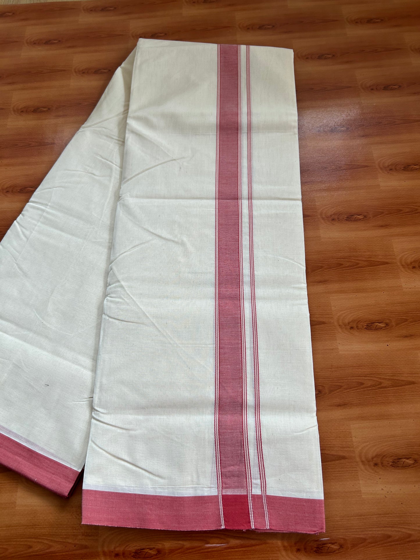 20% Discount!! KaithariKada Balaramapuram 100% Cotton Double Off White - (Unbleached) Mundu/Dhoti-100x80 - 1.25 inch Pale Red Shaded Striped Kara- 3.75 mtr (8 Muzham) - 24 KK5381 ASH