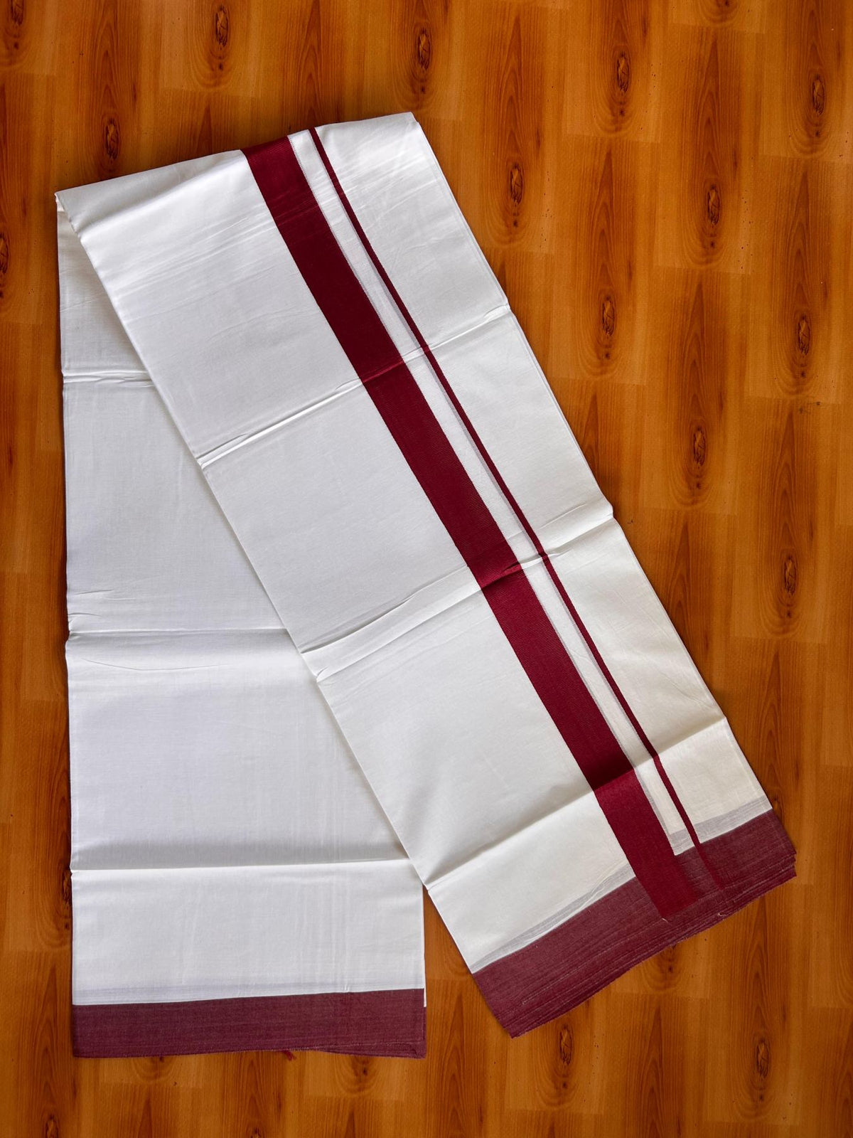 Pure White Double Mundu/Dhoti - 20% Discount ! Kaitharikada Pure Cotton - 100x80 - 1.5 inch Maroon Kara 3.80 mtr (8 muzham) - 8 KK5523 MC